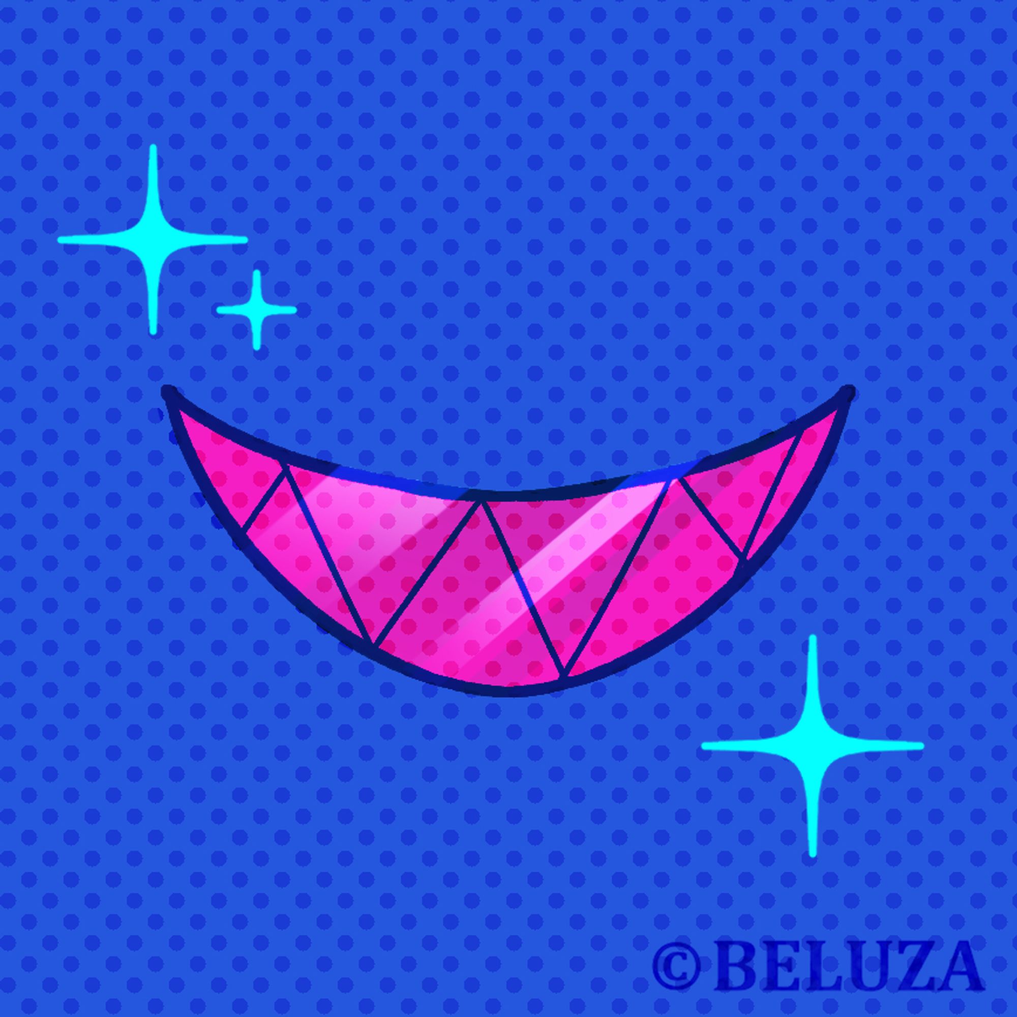 A disembodied mouth with sharp pink fangs, against a blue background. cw eyestrain