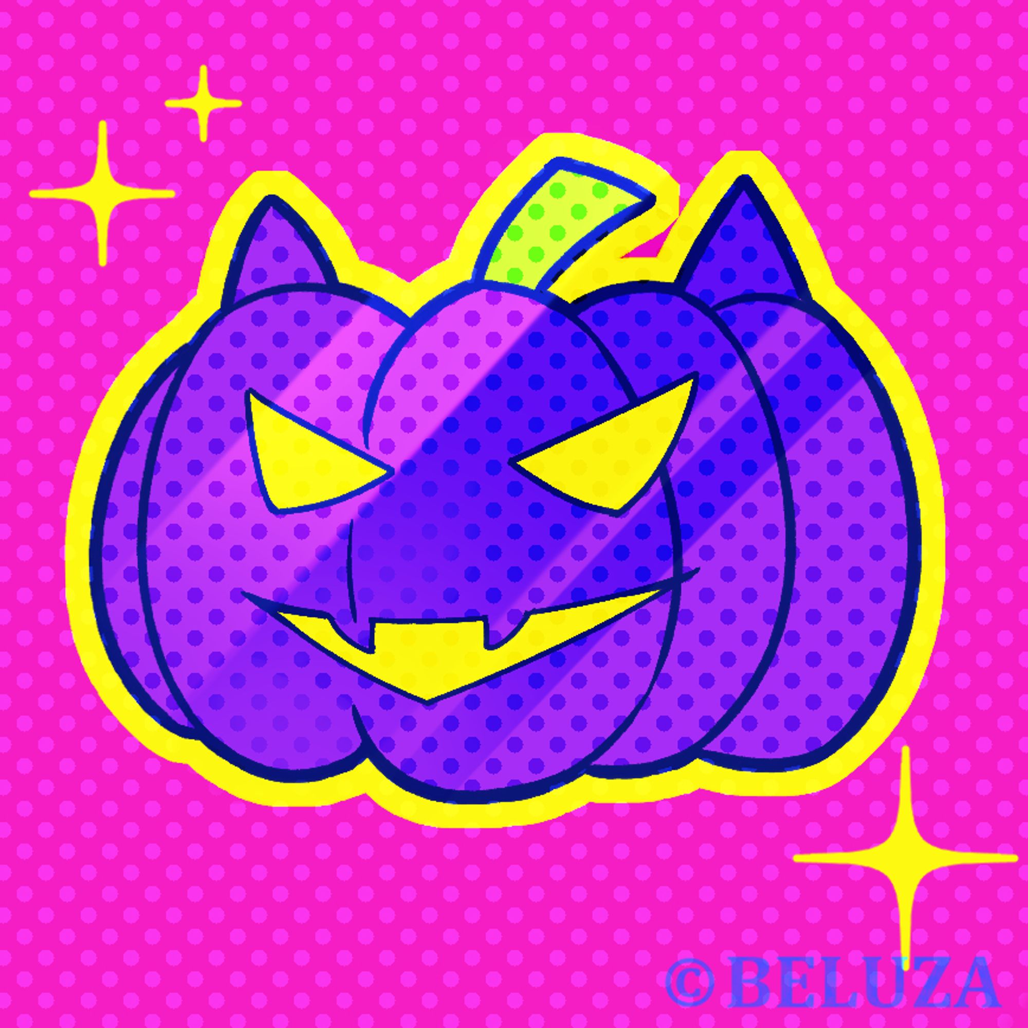 A purple jack-o-lantern against a bright pink background. The lantern has cat-like eyes and fangs sculpted. cw eyestrain