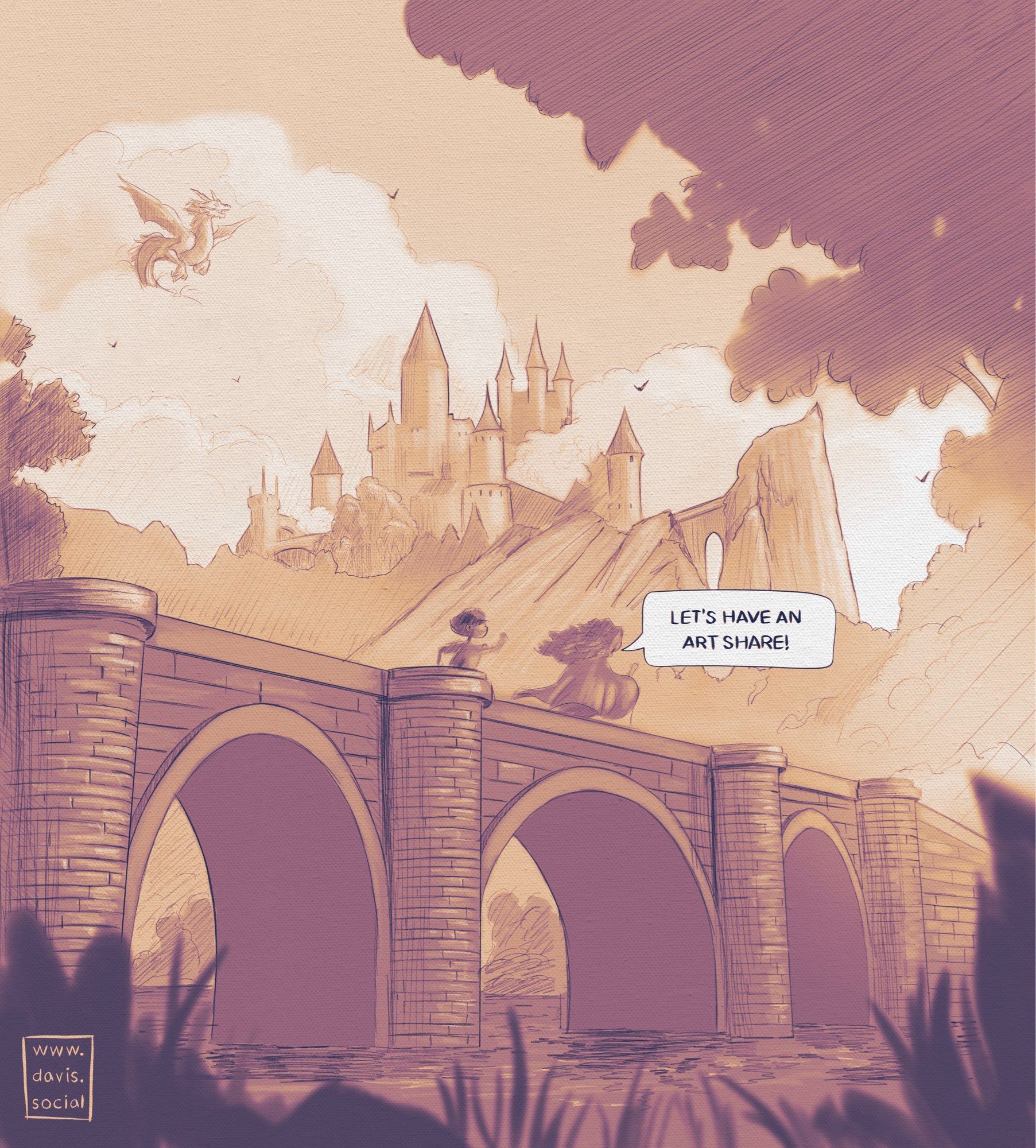 Panel from the Bluesky comic showing two characters running across a bridge in the direction of a castle on the hill and a dragon in the sky. The speech balloon says, “let’s have an art share!”