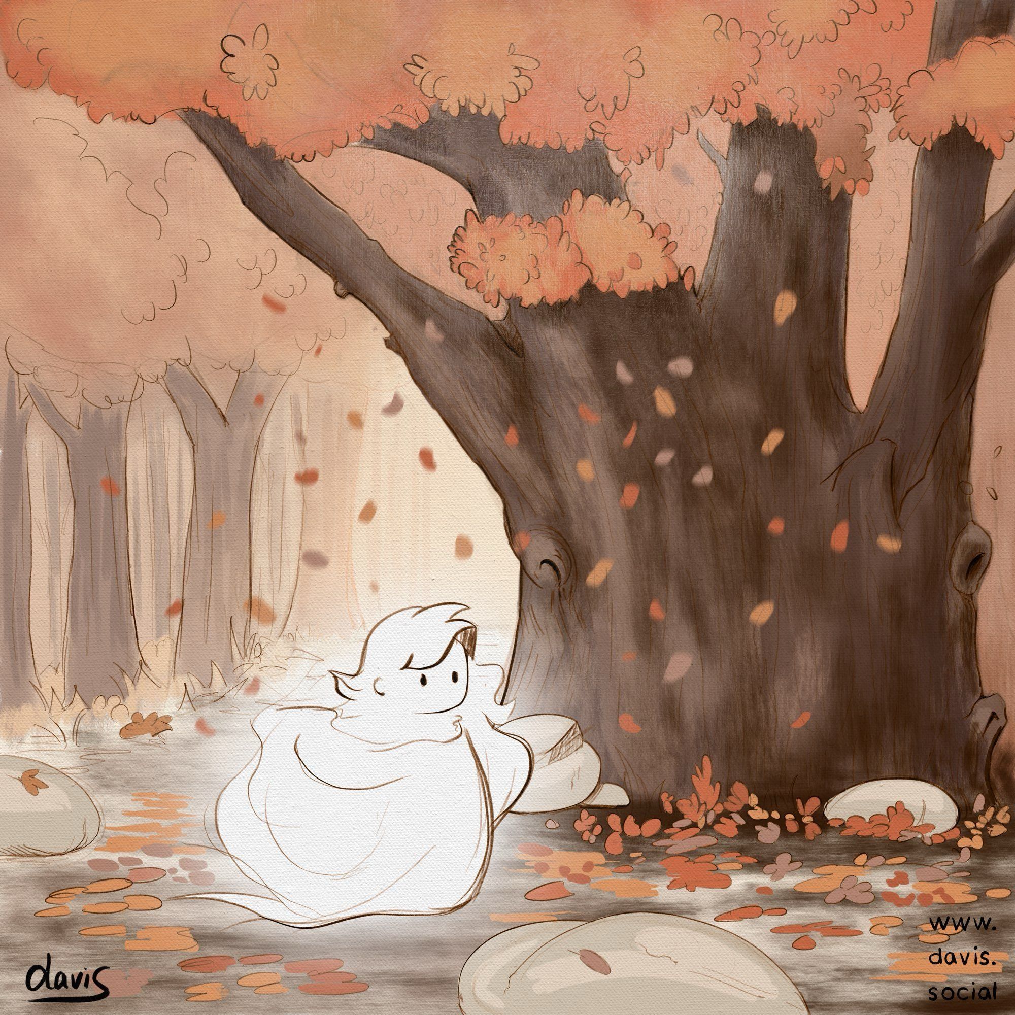 Digital painting of a ghost in an autumnal forest with falling leaves