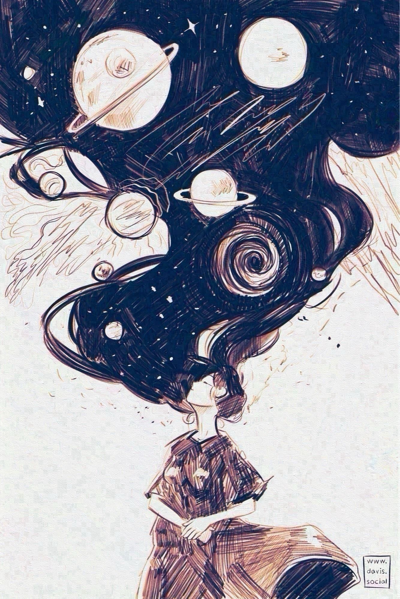 Digital drawing with traditional appearance. A woman in a loosely fitting dress that covers everything but her neck up and forearms to hands. Her hands are clasped. Her hair is blowing upward and entwined with planets and stars. Her head is upturned and peaceful. She's part of everything and distinct.