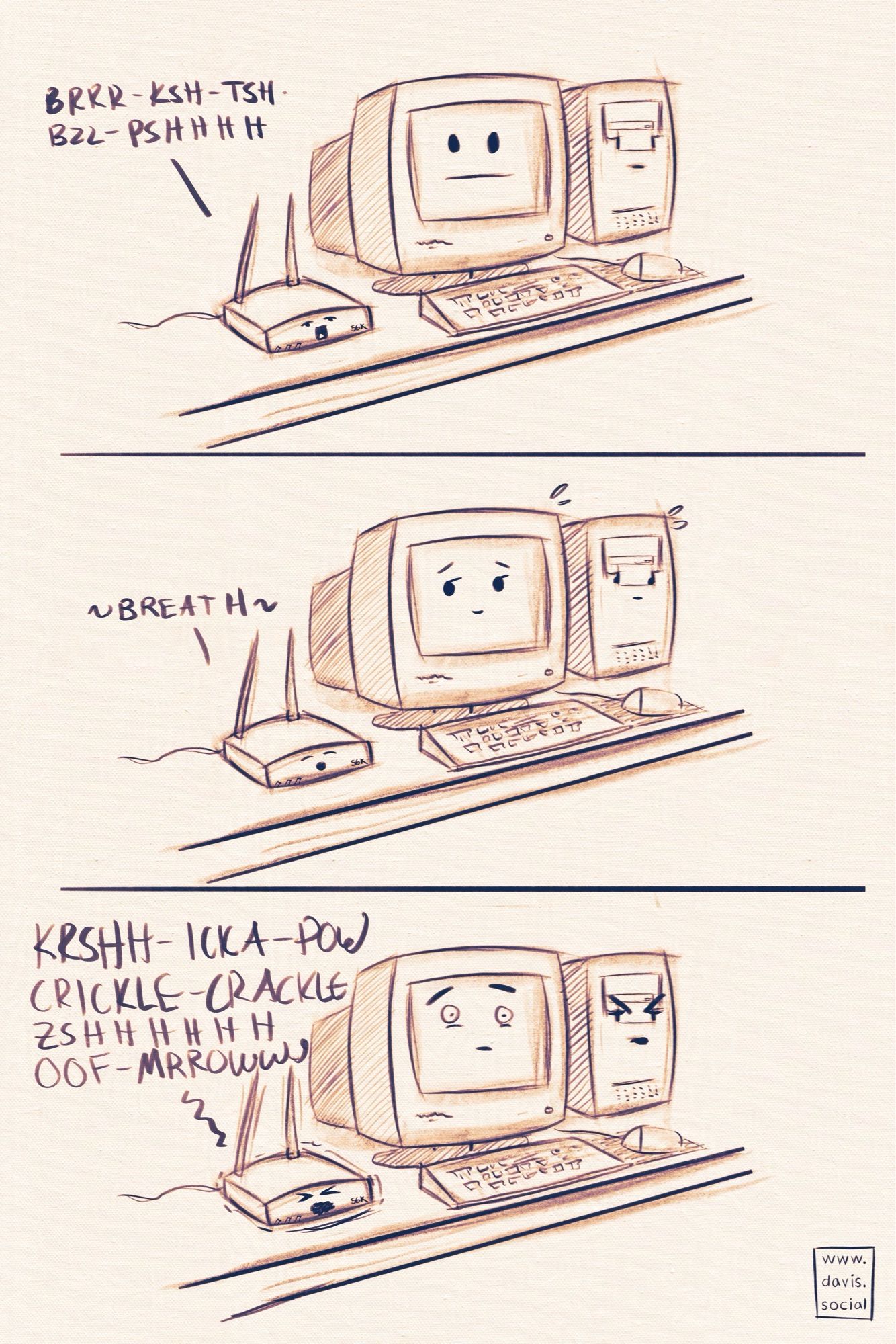 A 3 panel comic featuring a 1990s computer desk setup with a 56k modem, monitor, keyboard, mouse, and tower. The modem is making noises and the monitor and tower look annoyed. The modem takes a breath and the other look relieved. The modem begins shrieking louder.