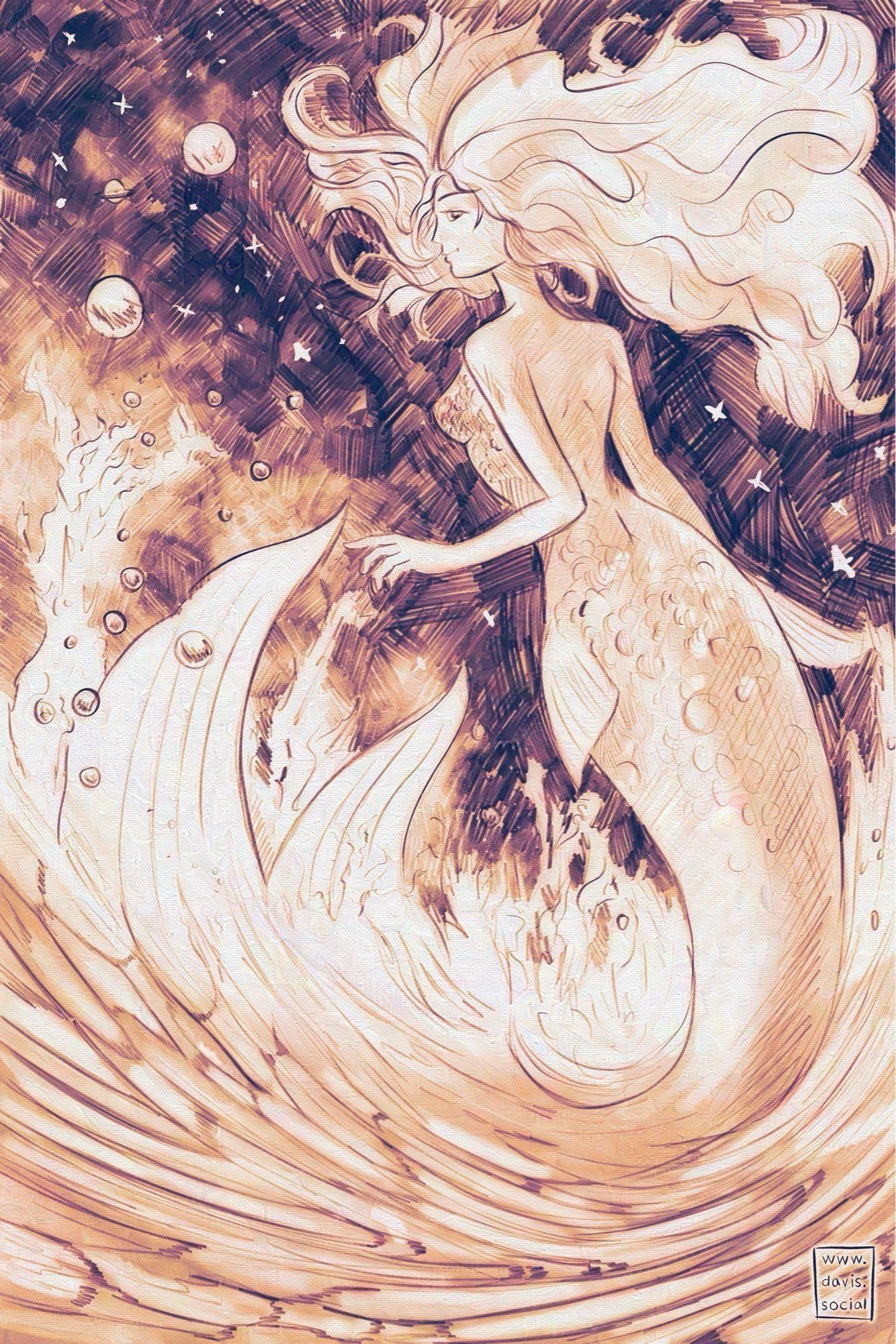 Digital drawing with a traditional appearance in hues of deep purple and yellowish orange. A mermaid is floating atop a wave of water, posed upright into outer space. She looks to the side, smiling slightly