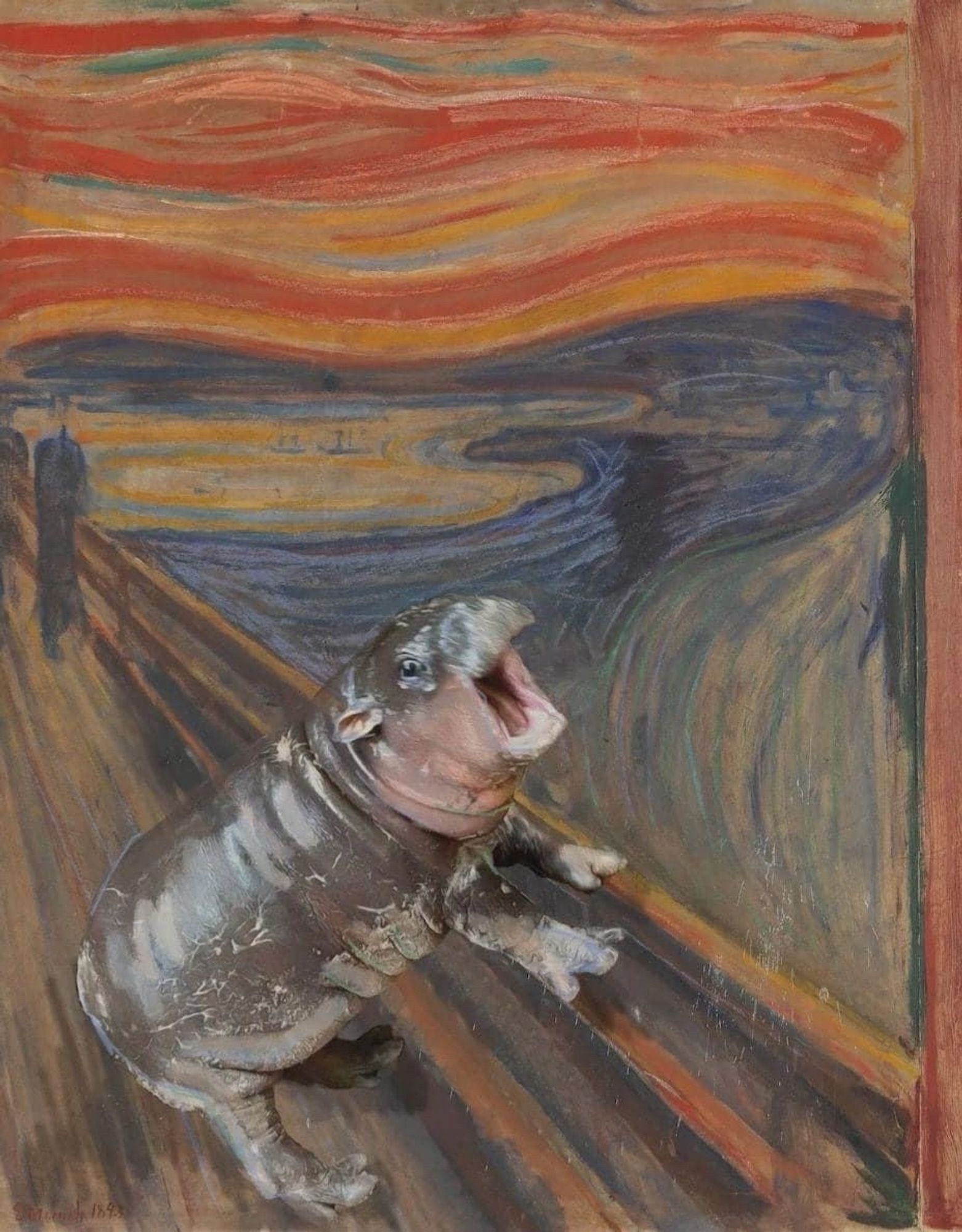 The Scream by Edvard Munch with the person replaced with Moo Deng the baby Pygmy hippo appearing to scream.