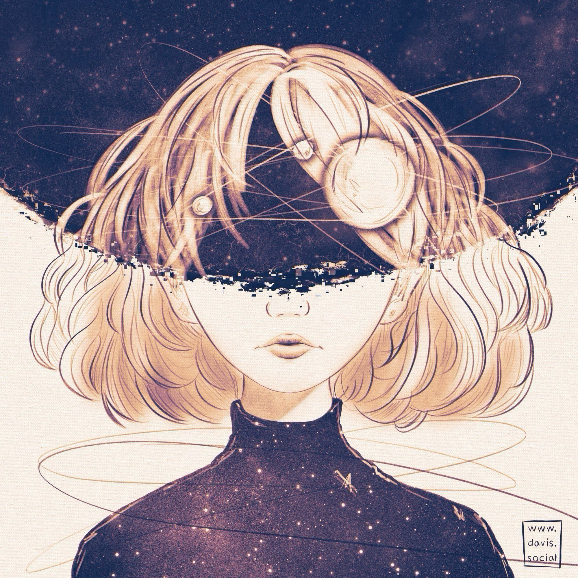 A surreal digital artwork depicting a young woman with short, wavy hair, whose eyes and part of her face are obscured by an arc-shaped band of starry space. The space band includes planets and celestial bodies orbiting around her head, blending with her hair. She wears a dark, high-necked outfit that appears to merge with the starry background, giving the impression that she is part of the cosmos. The color scheme is a mix of soft sepia tones and deep space blues and purples.