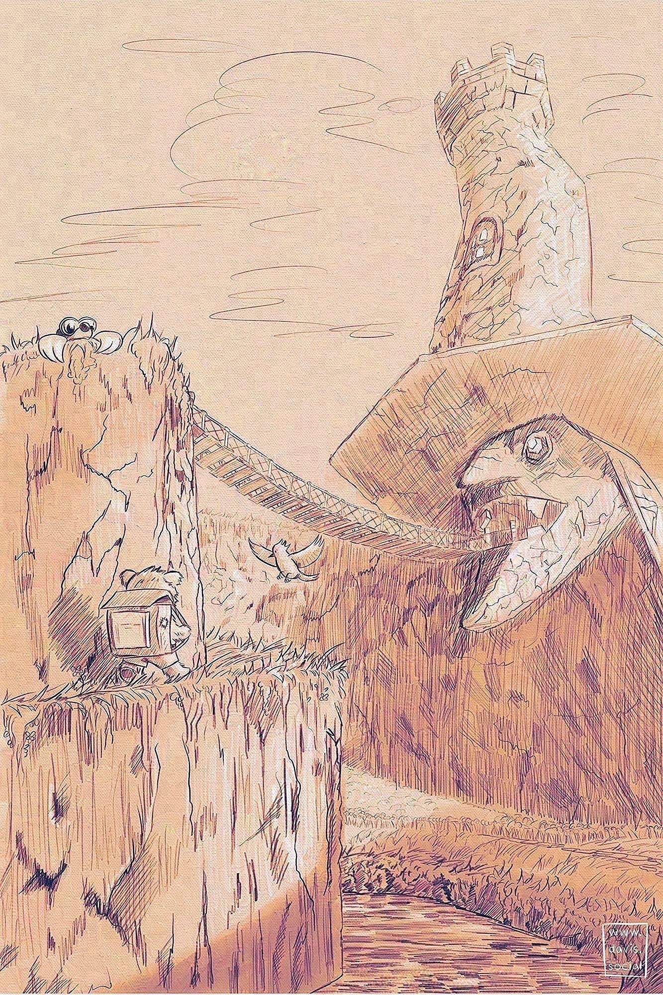 Banjo-Kazooie fan art. A digital sketch with a traditional appearance and purple-ish to yellowish hues. It depicts Banjo and Kazooie in a reimagined design, as they scale up Spiral Mountain toward Grunty's Lair. Bottles the Mole looks over the top of Spiral Mountain down towards Banjo and Kazooie.