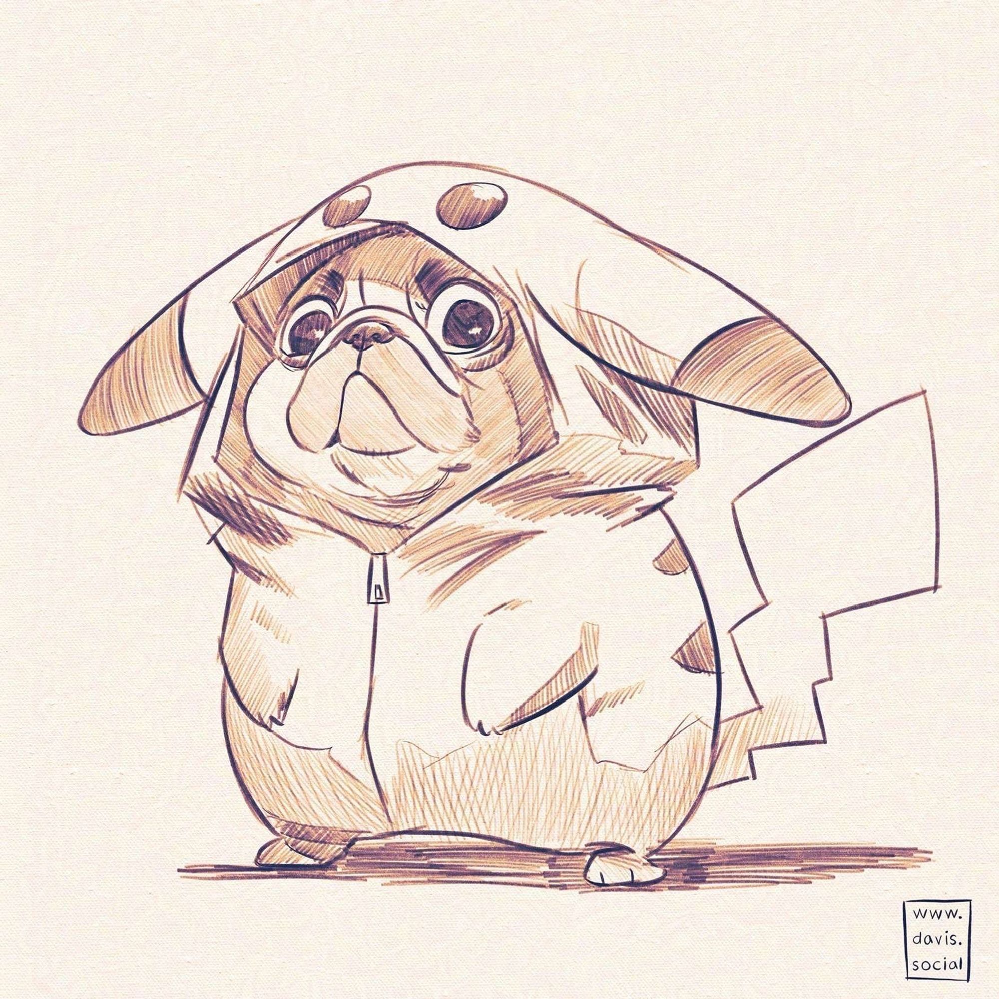 A drawing of a pug, standing on hind legs in a pikachu onesie. The pug's face is partly shadowed by the hood of the onesie and their expression is wide-eyed and askance.