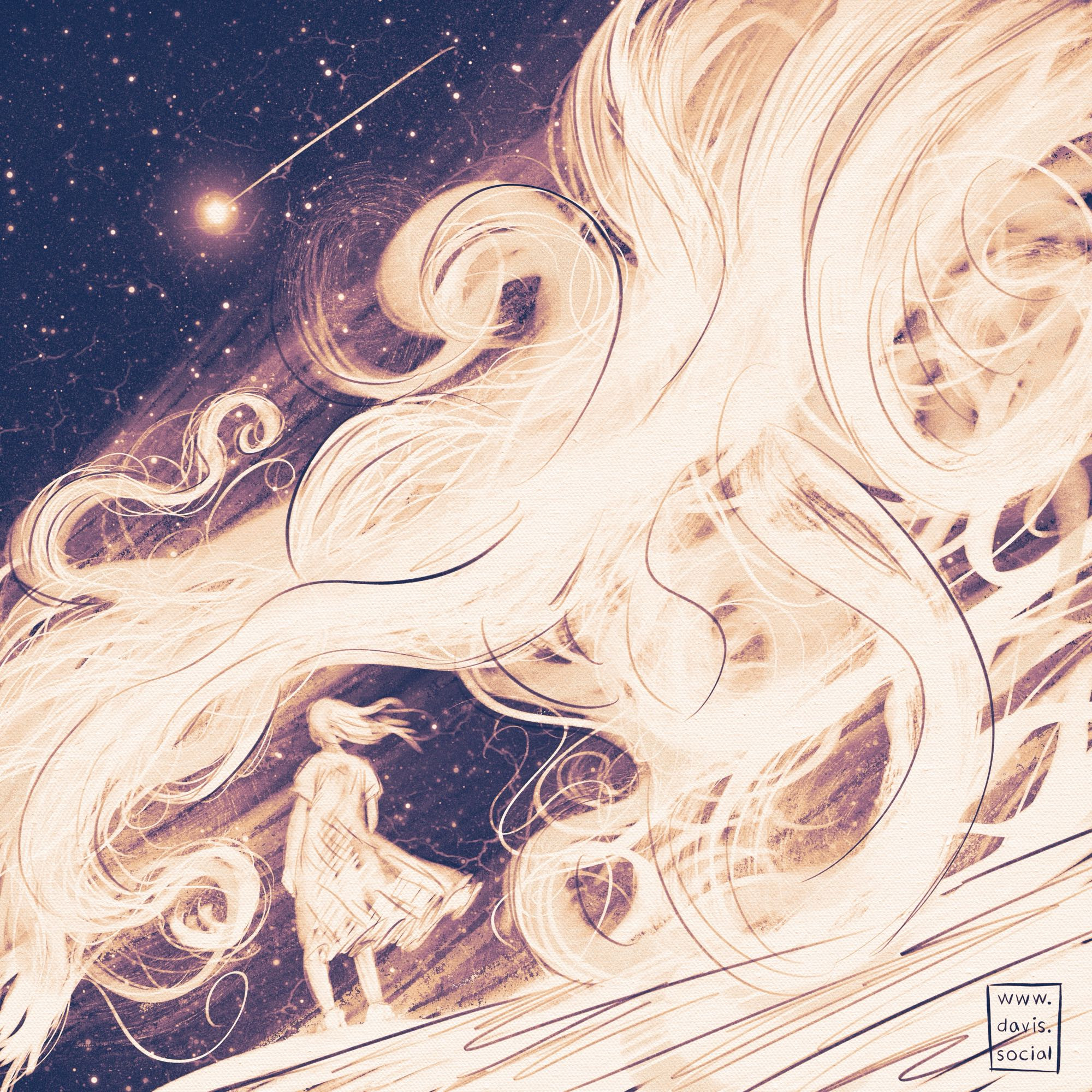 Digital art of a figure with long hair in a dress. They appear to be looking at a falling star while surrounded by swirls of white.