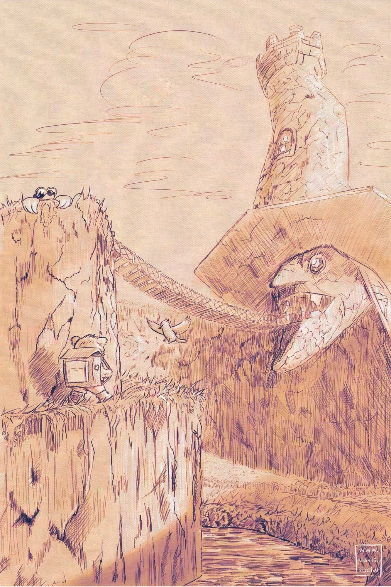 Banjo-Kazooie fan art. A digital sketch with a traditional appearance and purple-ish to yellowish hues. It depicts Banjo and Kazooie in a reimagined design, as they scale up Spiral Mountain toward Grunty's Lair. Bottles the Mole looks over the top of Spiral Mountain down towards Banjo and Kazooie.