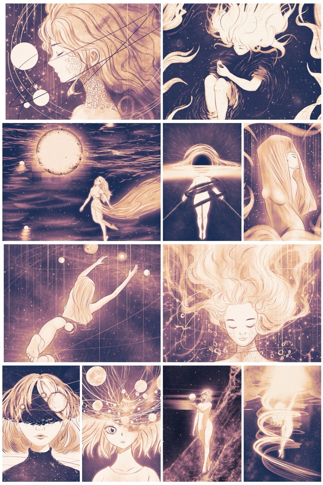 A collage of 11 drawings of women in various surreal scenarios in outer space in the same color schemes of bright contrasting whites and yellows and deep purples.