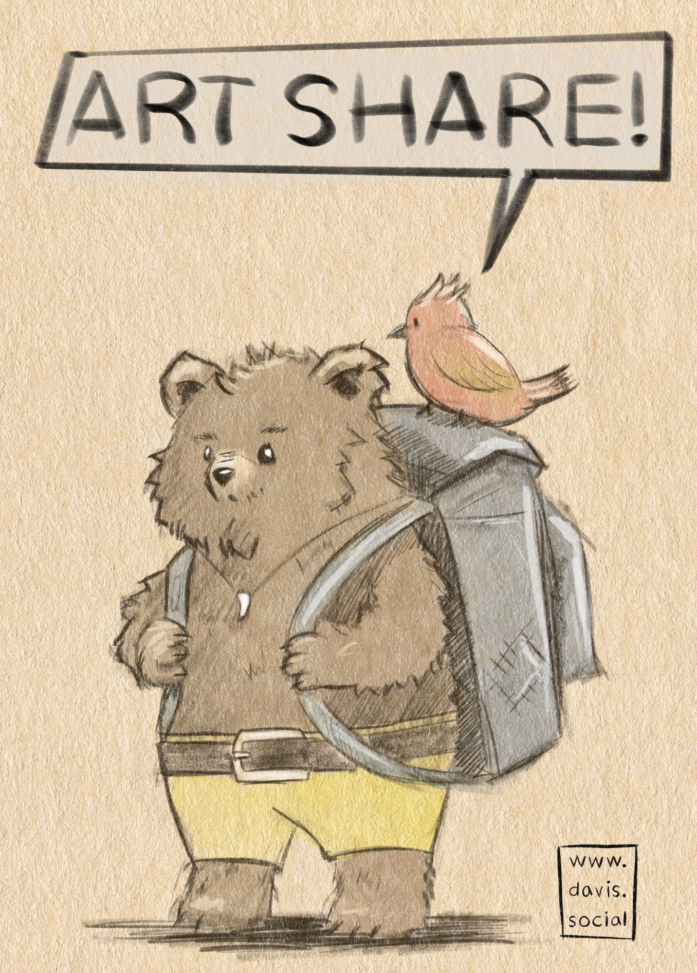 a digital illustration with a traditional appearance on yellowed paper, of a reimagined banjo-kazooie. kazooie has a speech bubble saying "art share!"