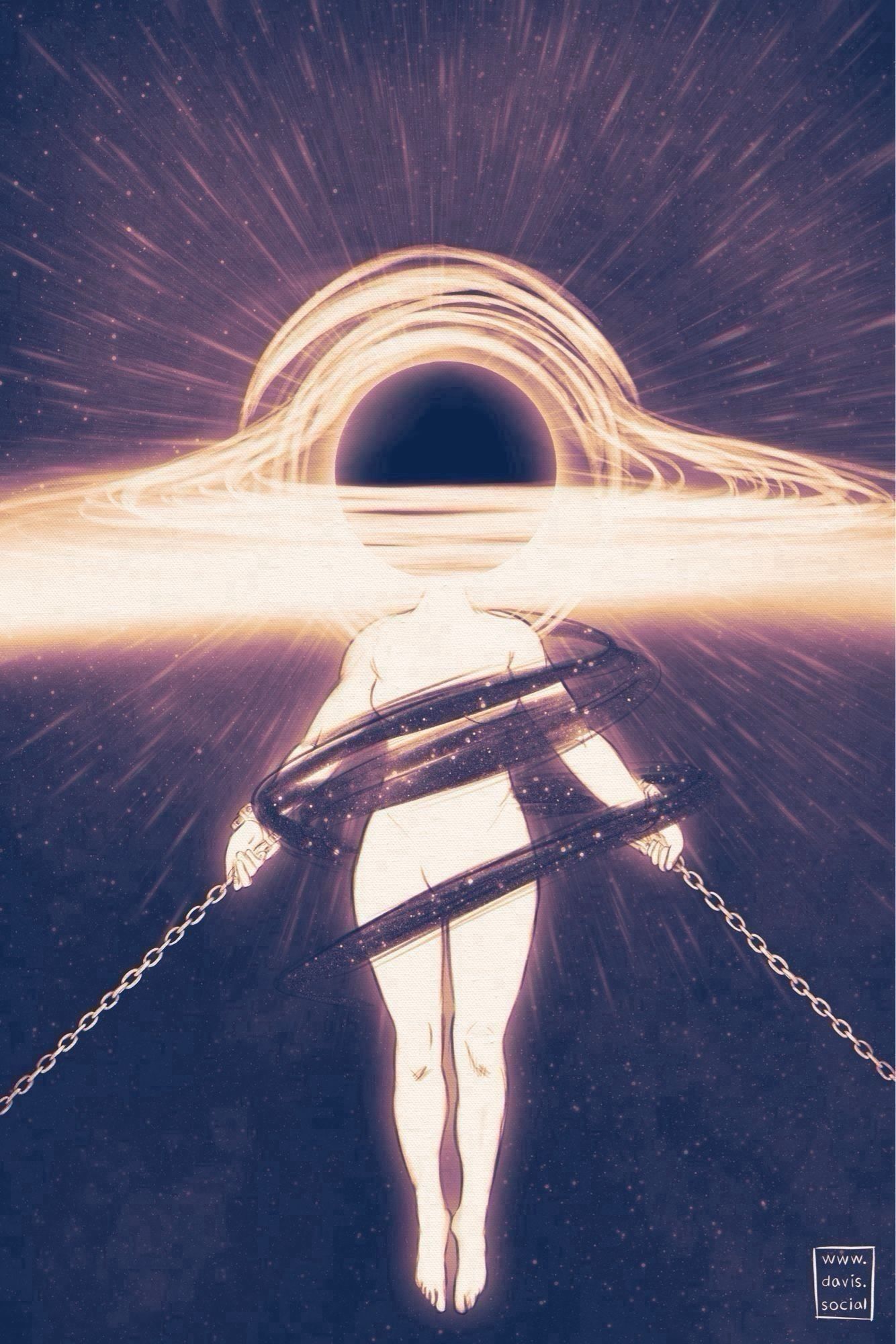 Digital painting of an ethereal woman shackled in outer space, her head replaced by a black hole.
The black hole's radiating energy merges with the cosmos, while dark bands swirl around her body, symbolizing entrapment. The image conveys the idea that absolute certainty is a mental prison, with the woman's chains and the black hole illustrating the constraints of rigid thinking.