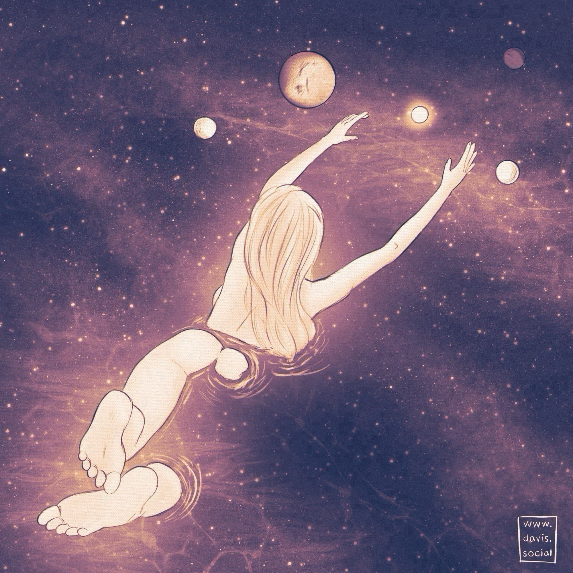 Digital painting of an ethereal woman swimming through space as though it is made of ocean waves. She is facing away from the viewer with both arms outstretched toward a small glowing celestial body.