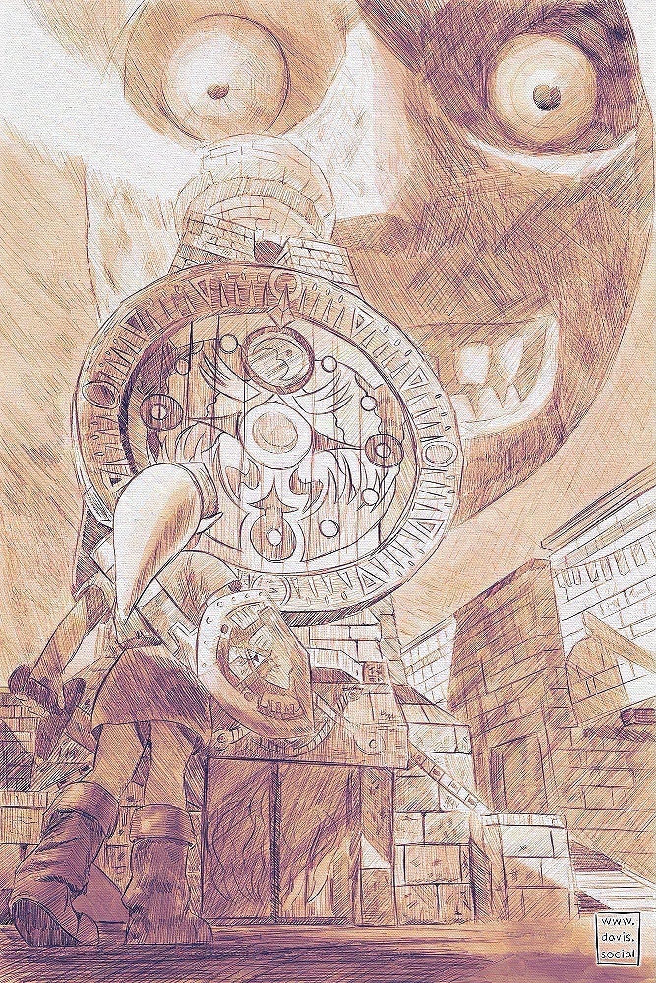 Digital illustration with a traditional appearance of purple and yellow-orange hues on canvas. The setting is Clocktown, from The Legend of Zelda:
Majora's Mask. A low view of Link stepping away cautiously while looking up past the clocktower at the massive and menacing moon that will soon crash down on Termina.