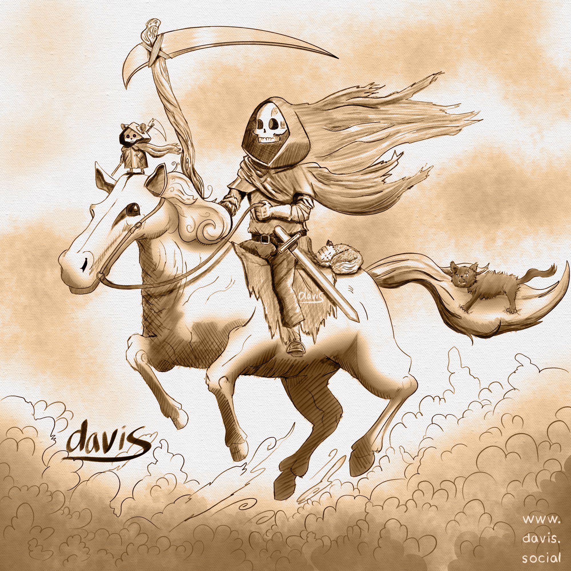 Digital illustration of the personification of Death from Discworld, a skeleton with a scythe and sword in a reaper’s hood. He is riding his white horse, Binky. A small rat, Death of Rats, dressed like a reaper and carrying a scythe, stands on Binky’s head. There is a cat sleeping peacefully behind death and one grasping desperately in a panic to Binky’s tail. 