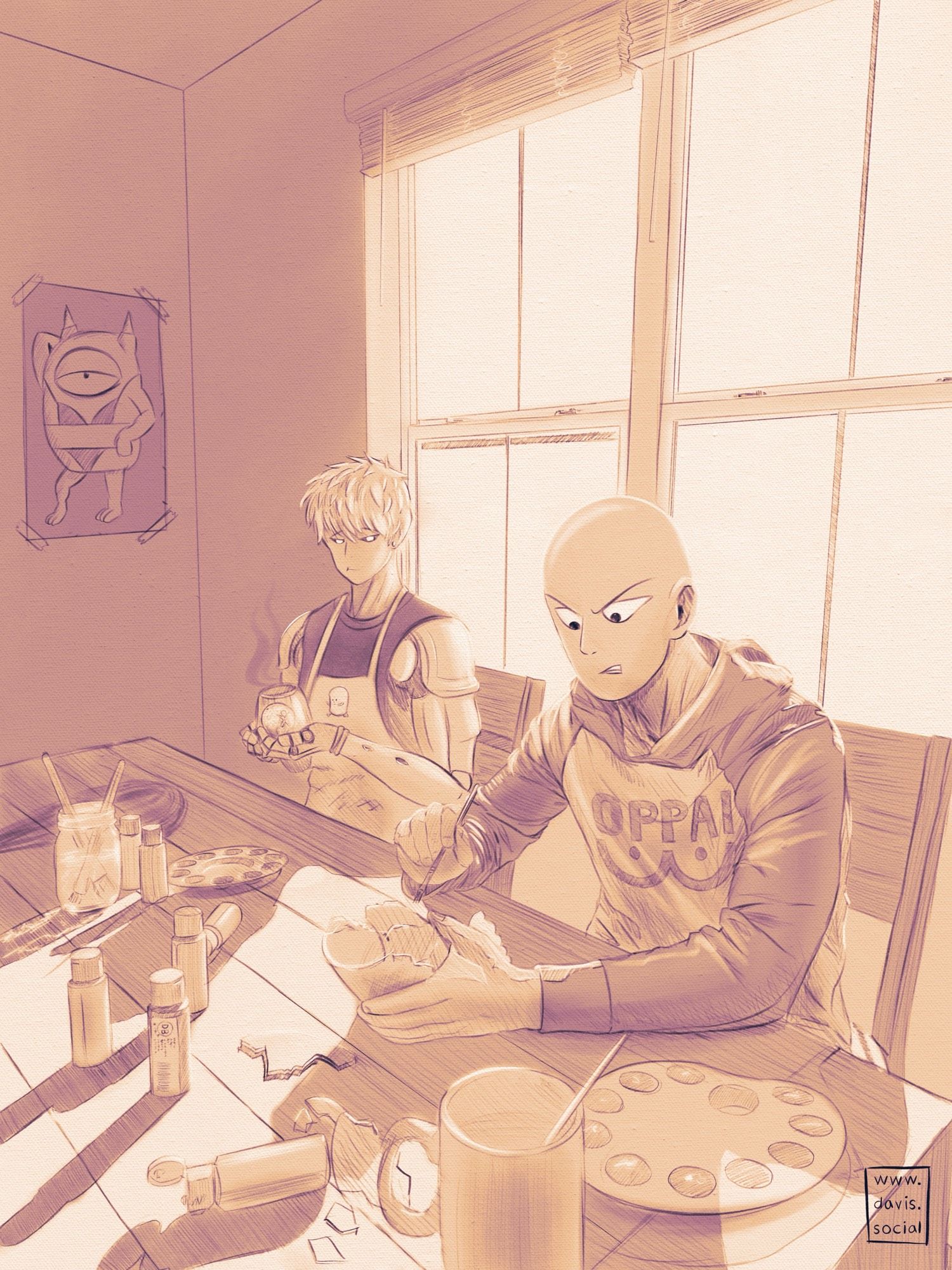 A digital drawing in purple and sepia tones. Saitama and Genos, from One Punch Man, are painting pottery on a table covered with painting supplies like brushes, palettes, paint bottles, and water cups. Saitama is frustrated and broke his cup by being too aggressive. Genos looks at Saitama sympathetically while holding his finished painted cup, still steaming from being fired, and scorch marks on the table from where he fired it. Genos wears an apron with a running egg on it. Saitama wears his signature oppai hoodie. A poster of Mankato the monster in a bikini is on the wall.