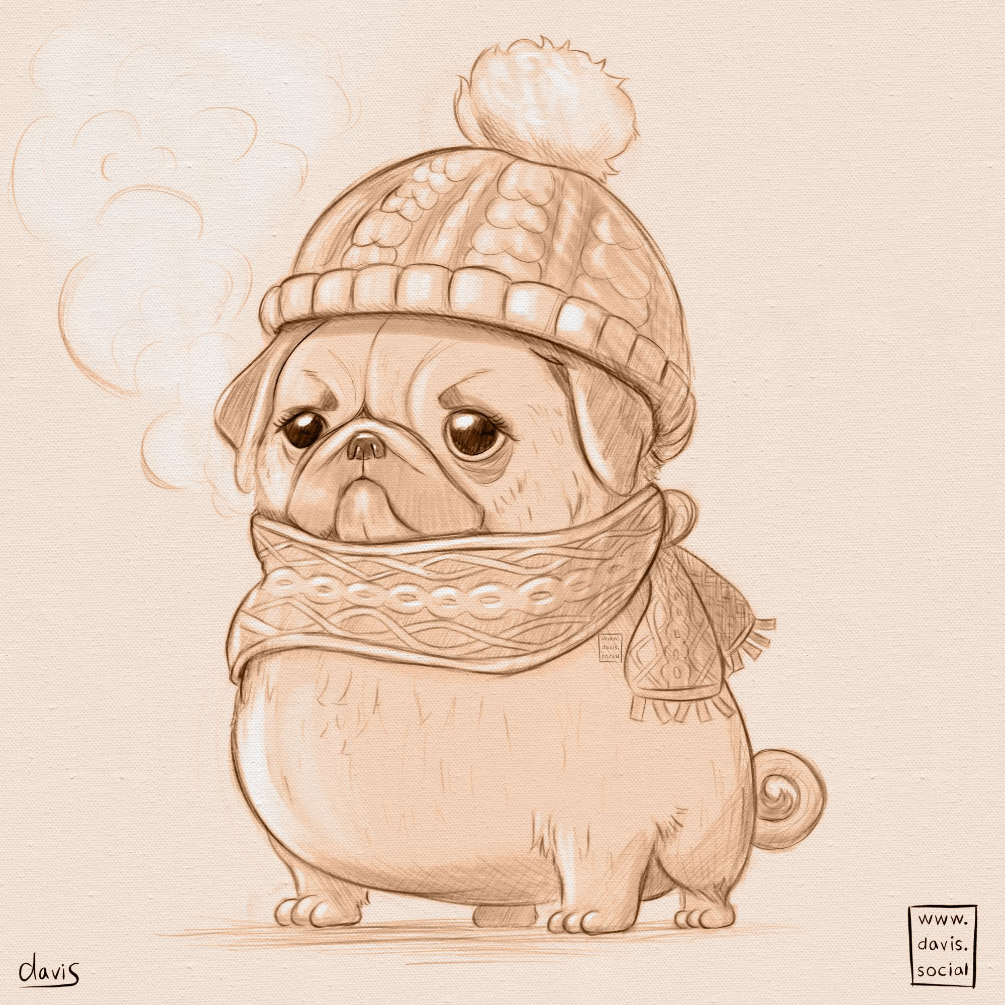 Digital sketch in burnt umber hues of a cartoonish pug wearing a wool beanie and scarf.