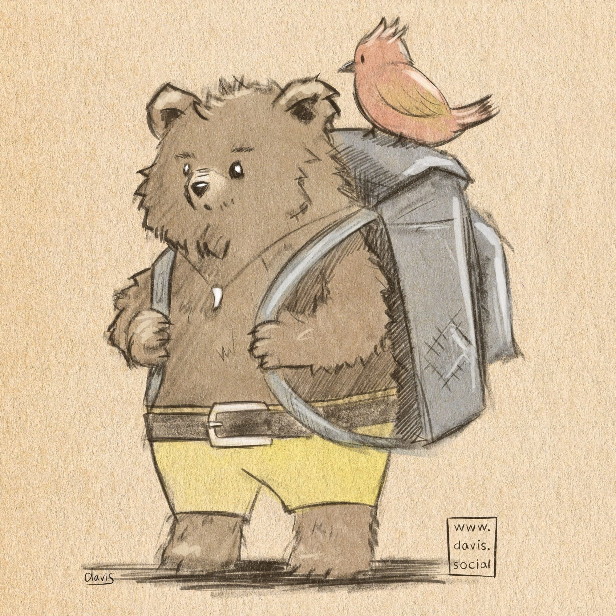 Digital drawing with a traditional appearance on yellowed paper. A reimagining of banjo-kazooie in a sketchy and rough style. A bear wearing an oversized blue backpack and yellow shorts. A small red bird sits on top of the backpack.