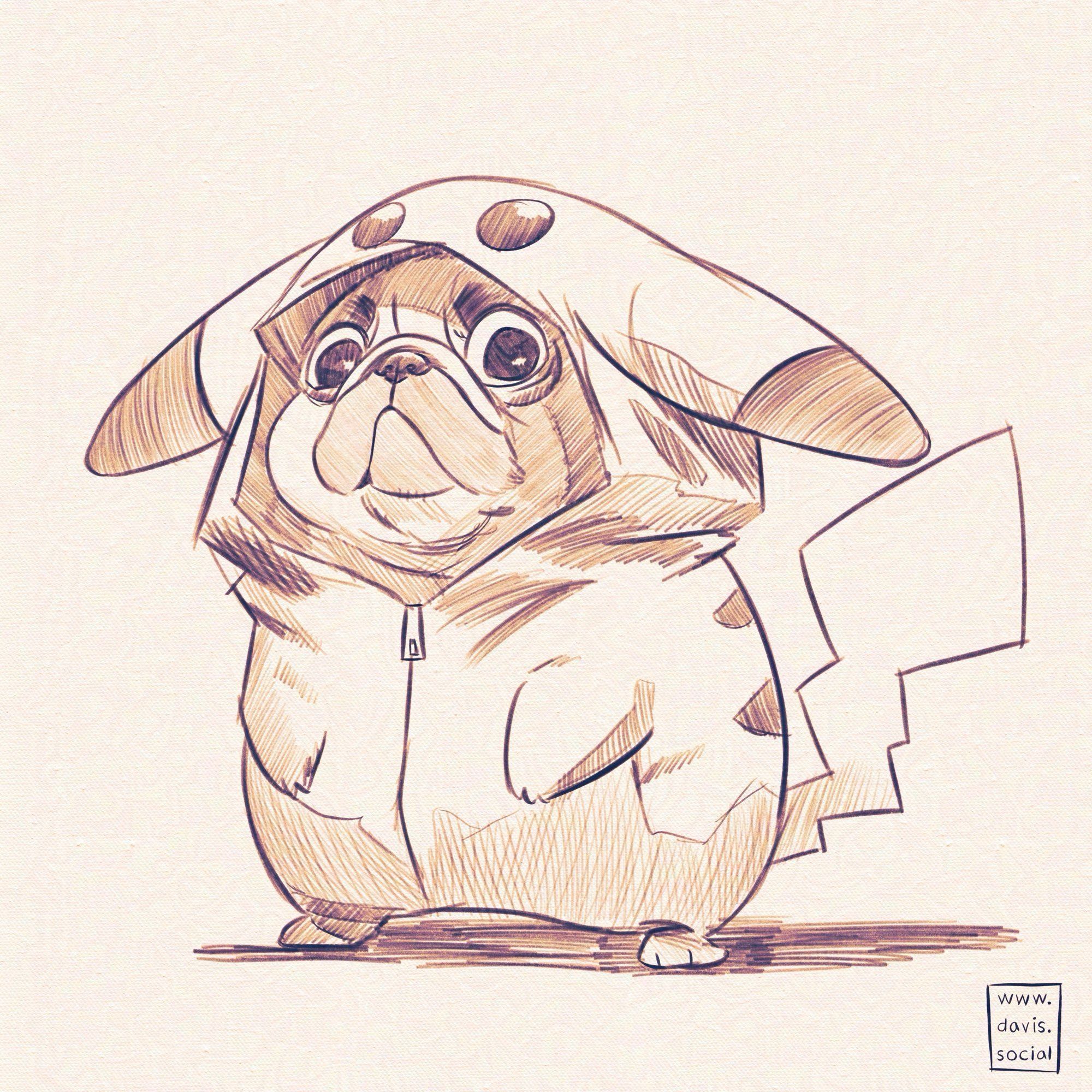 A drawing of a pug, standing on hind legs in a pikachu onesie. The pug's face is partly shadowed by the hood of the onesie and their expression is wide-eyed and askance.