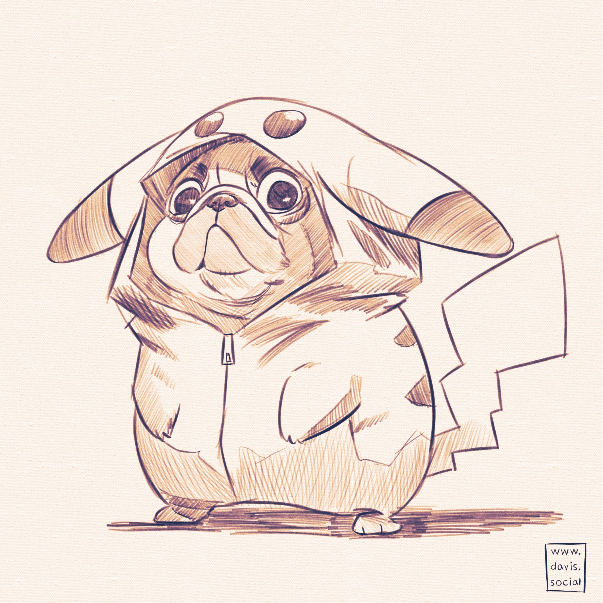 A drawing of a pug, standing on hind legs in a pikachu onesie. The pug’s face is partly shadowed by the hood of the onesie and their expression is wide-eyed and askance.