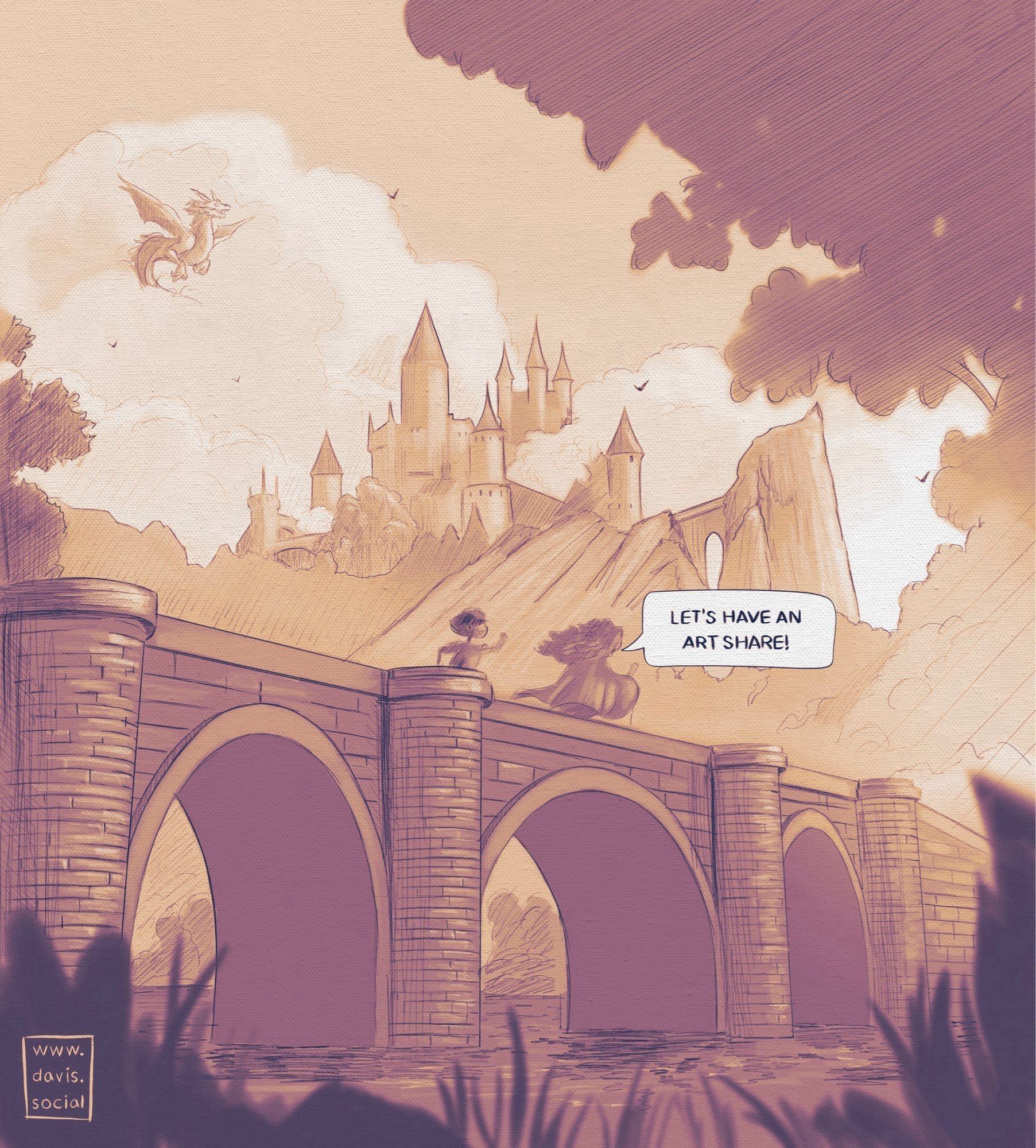 Panel from the Bluesky comic showing two characters running across a bridge in the direction of a castle on the hill and a dragon in the sky. The speech balloon says, "let's have an art share!"