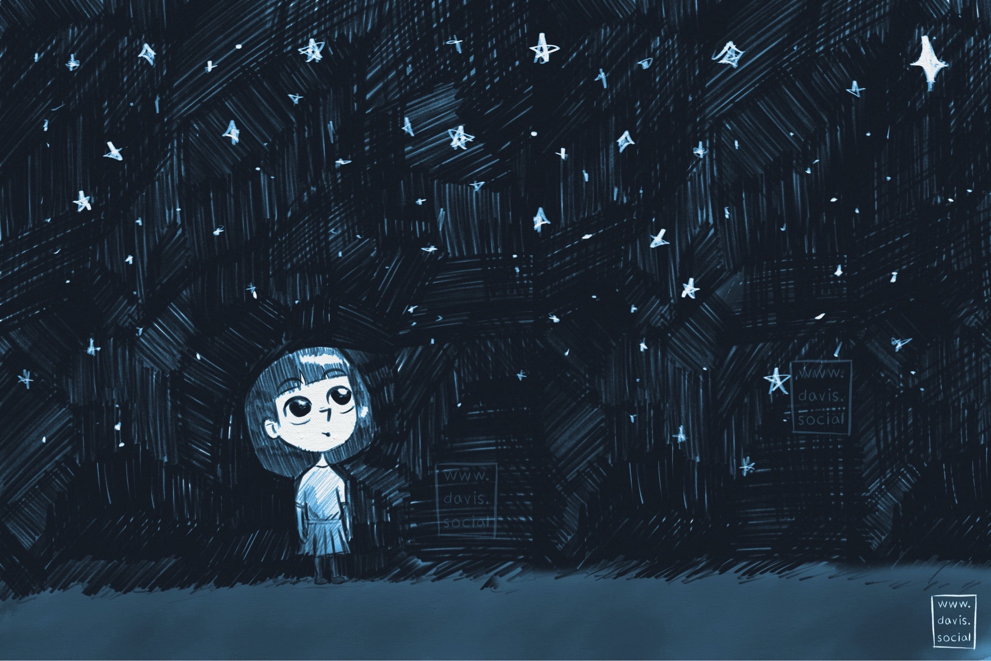 A blue tinted and roughly drawn illustration of a small cartoon girl looking up at a starry night sky