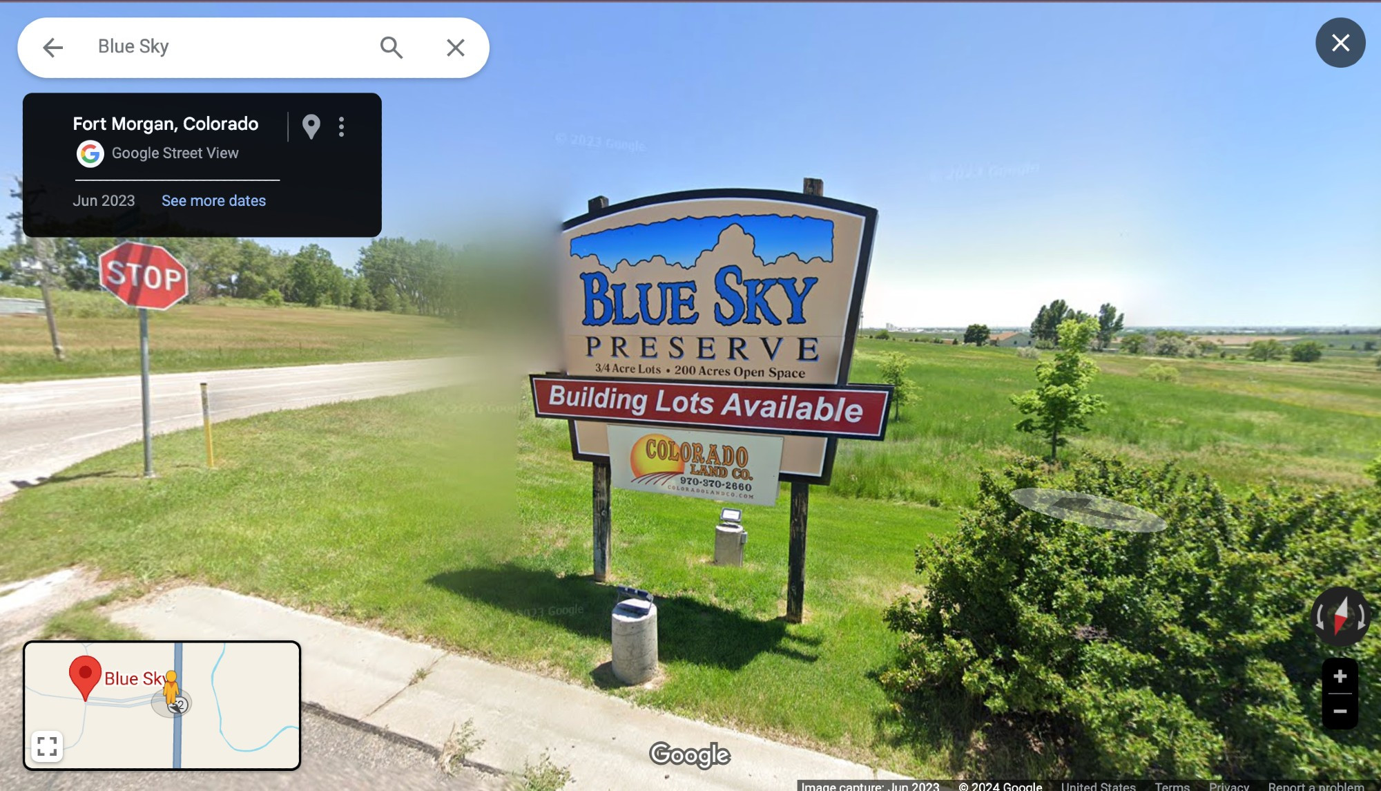 google street view of a community called "blue sky preserve" the sign says "building lots available"