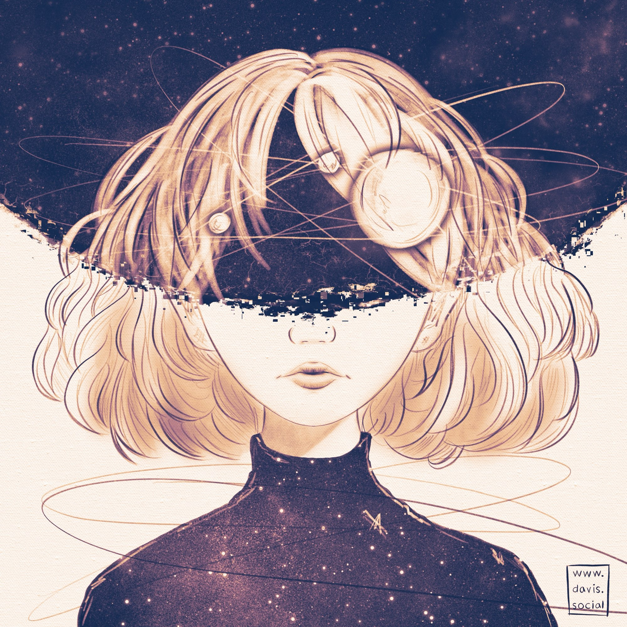 A surreal digital artwork depicting a young woman with short, wavy hair, whose eyes and part of her face are obscured by an arc-shaped band of starry space. The space band includes planets and celestial bodies orbiting around her head, blending seamlessly with her hair. She wears a dark, high-necked outfit that appears to merge with the starry background, giving the impression that she is part of the cosmos. The color scheme is a mix of soft sepia tones and deep space blues and purples.