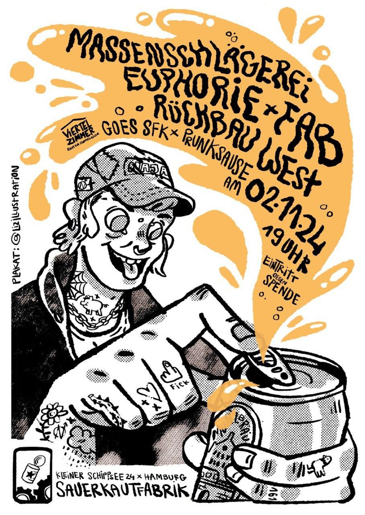 Plakat auf dem eine Person eine Bierdose öffnet. In der daraus spudelnden Bierfontäne steht in schwarzer Schrift die Auflistung der Bands. Siehe dazu den Link.