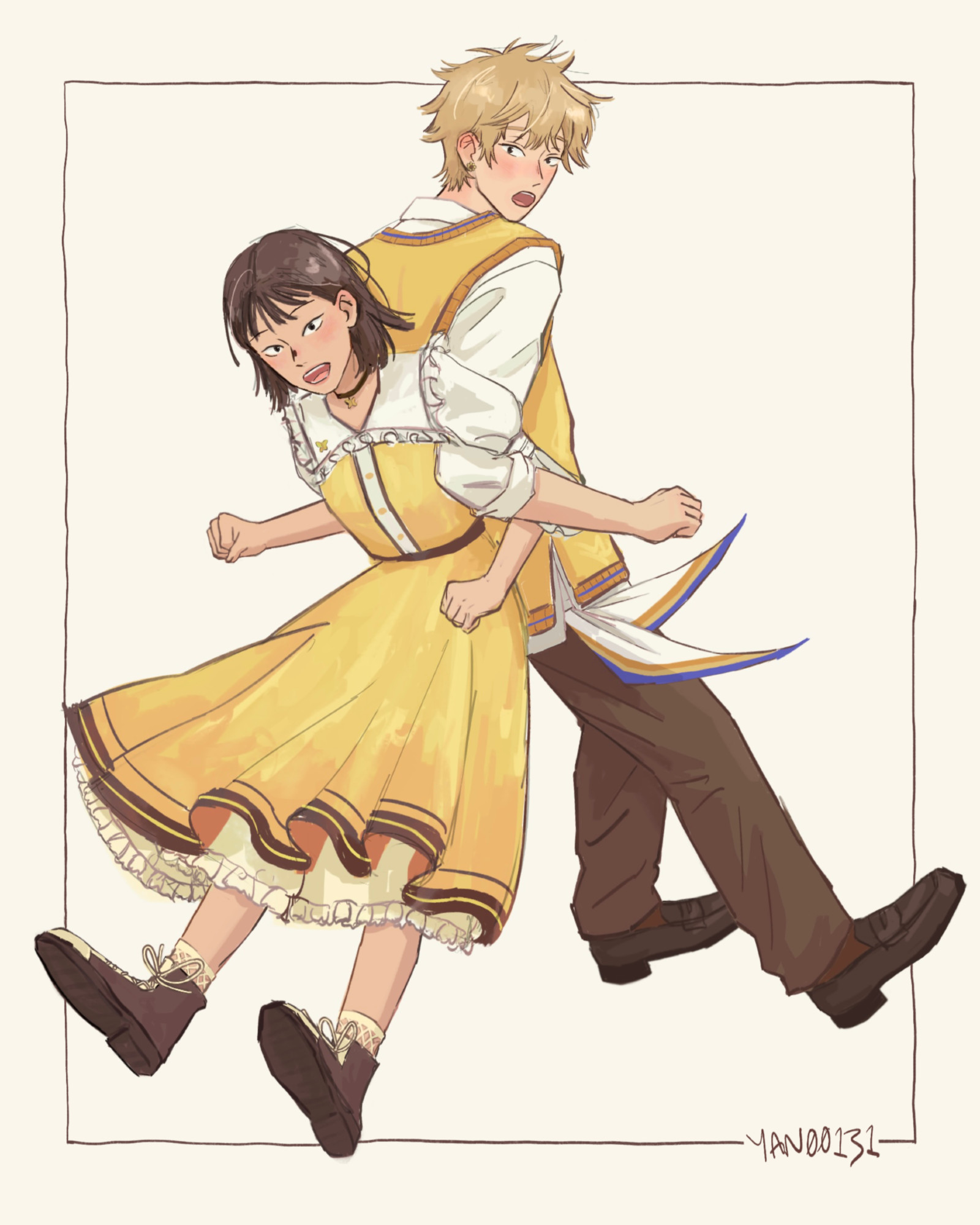 A coloured drawing of Mitsumi and Shima from Skip and Loafer, back to back linking arms. Both wear yellow and brown outfits based on the Vivid Old Tale cards from Project Sekai