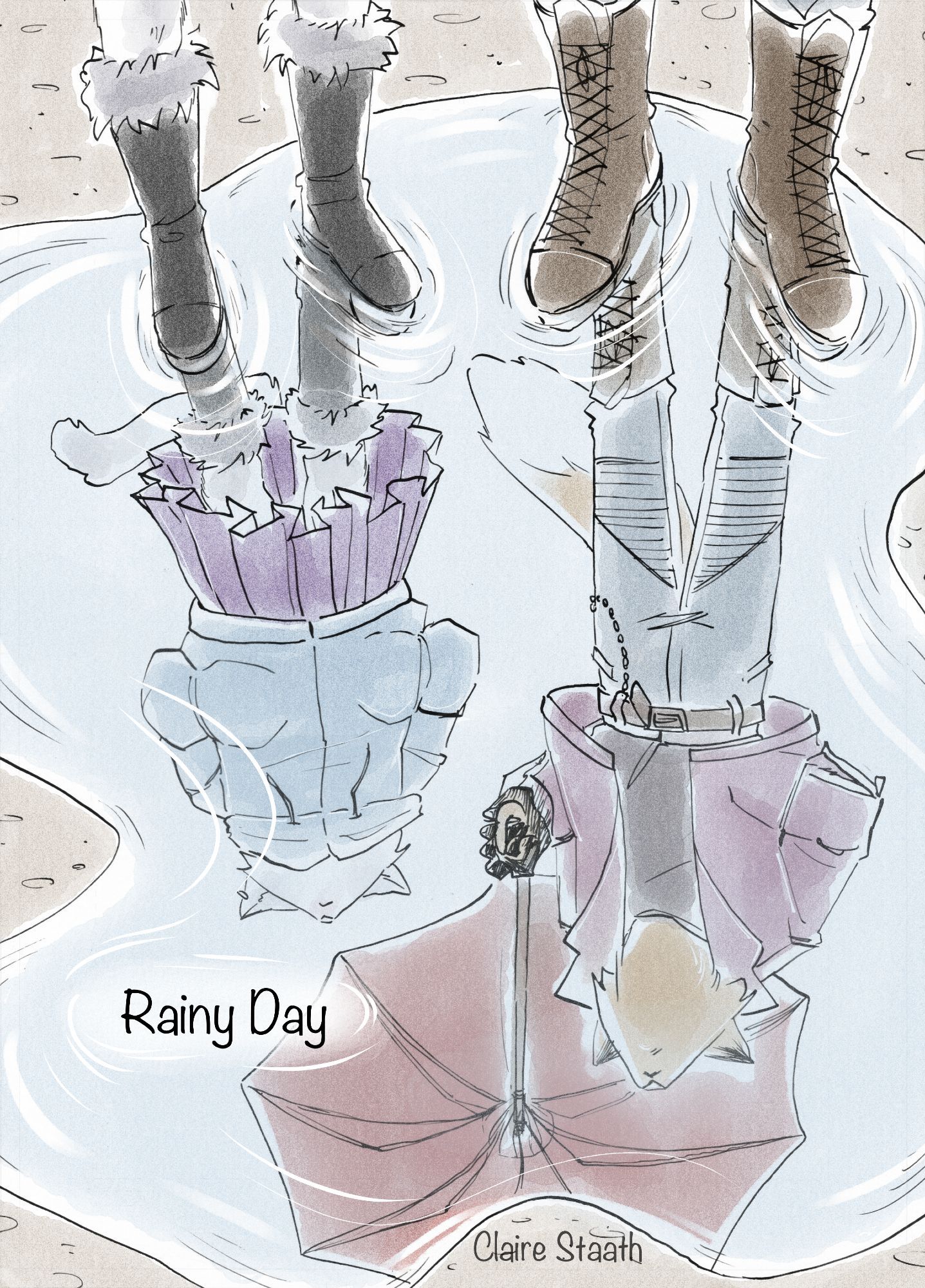 drawing of the reflection in a water puddle of 2 anthropomorphic characters (a fox and a white cat) under a red umbrella. This is the cover for my first comic, Rainy Day, now available on itch.