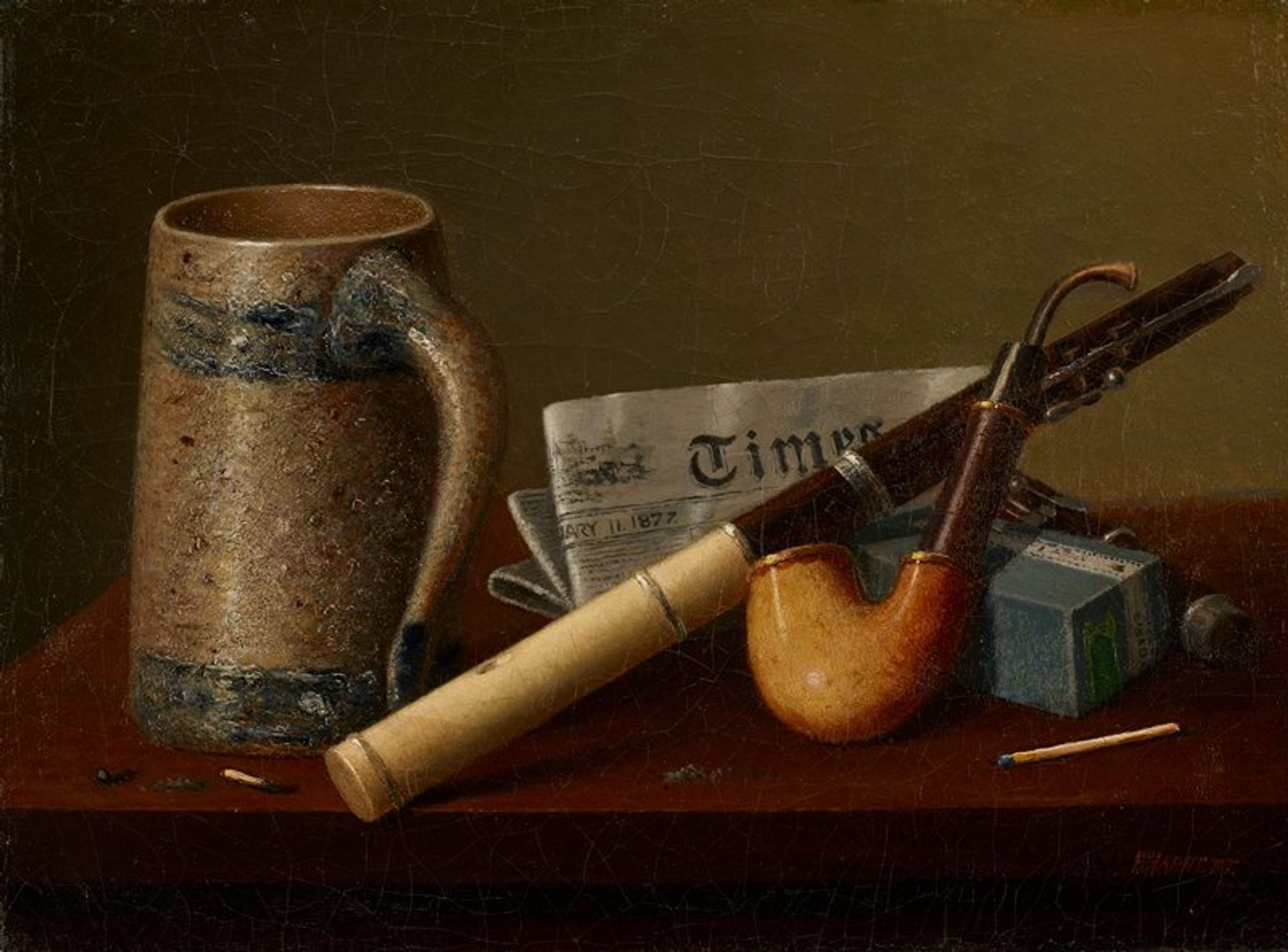 still life with cream and blue tankard at left, folded "Times" newspaper dated 1877 at center, ivory and wood flute with bottom joint removed, pipe leaning on a blue box at right and several burned matchsticks; several areas of highly-raised impasto: matchsticks in LRC and LLC, highlights on pipe and tankard
In 1886, Irish-born William Harnett was arrested by New York police for displaying one of his paintings. His depiction of a five-dollar bill was so realistic he was charged with counterfeiting and scolded for wasting his talents on such endeavors. Clearly Harnett was a talented trompe l’oeil, or “trick the eye,” painter. Still-life with Flute and Times displays the same convincing deception: the mimetic stoneware texture of the stein and the thin, raised rim of the pipe bowl are created through meticulous layering and build-up of paint.