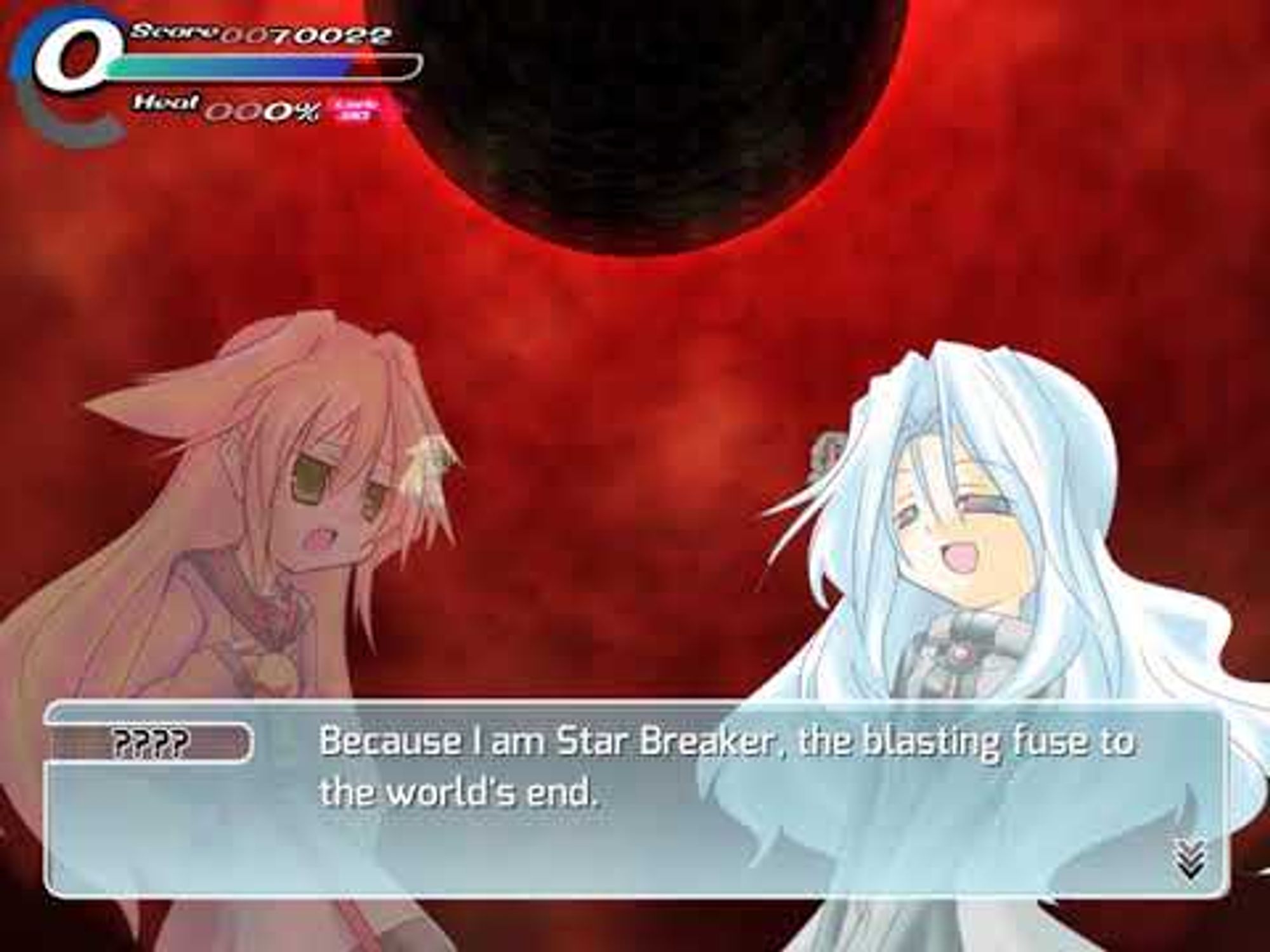 A screenshot of the game Sora, showing Star Breaker as the final boss. Her dialogue reads: Because I am Star Breaker, the blasting fuse to the world's end." Her hair is a bluish-white with rainbow eyes.