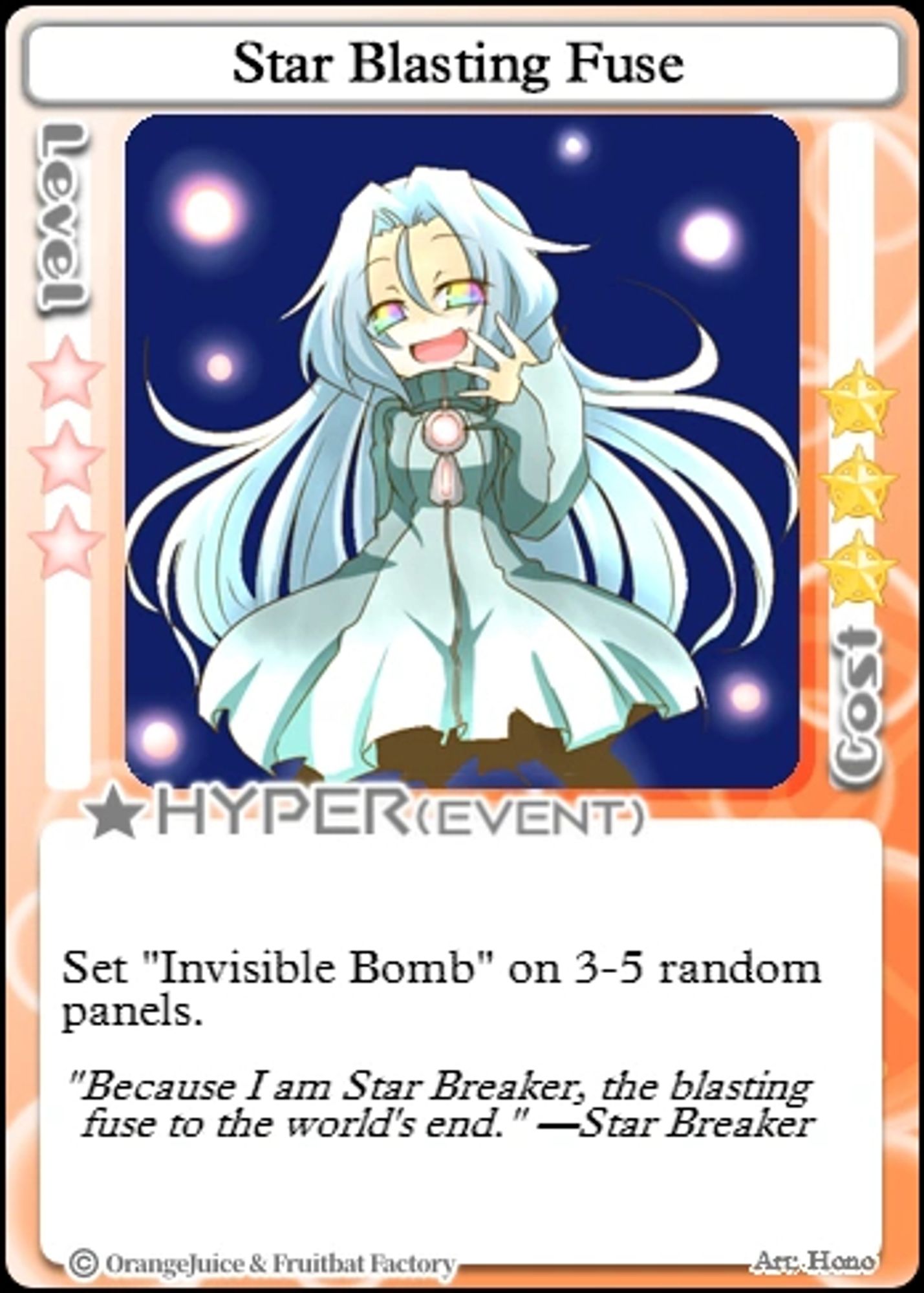 Star Breaker's Hyper card in 100% Orange Juice. Star Breaker is smiling with dots behind her, most likely her bombs. The card reads, "Set 'Invisible Bomb' on 3-5 random panels."