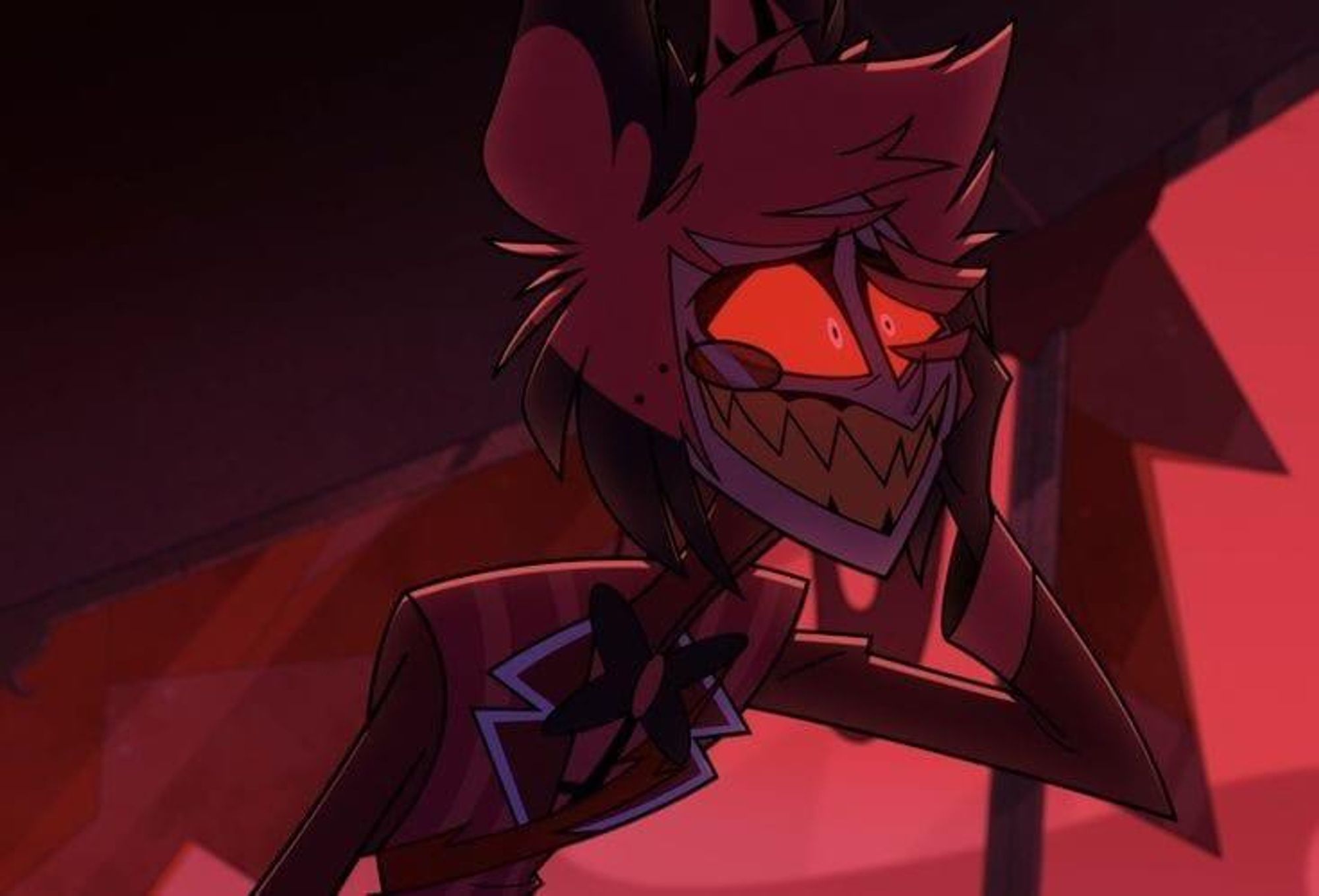 Alastor after the fight with Adam, eyes glowing red with a forced smile still on his face as he internally suffers.