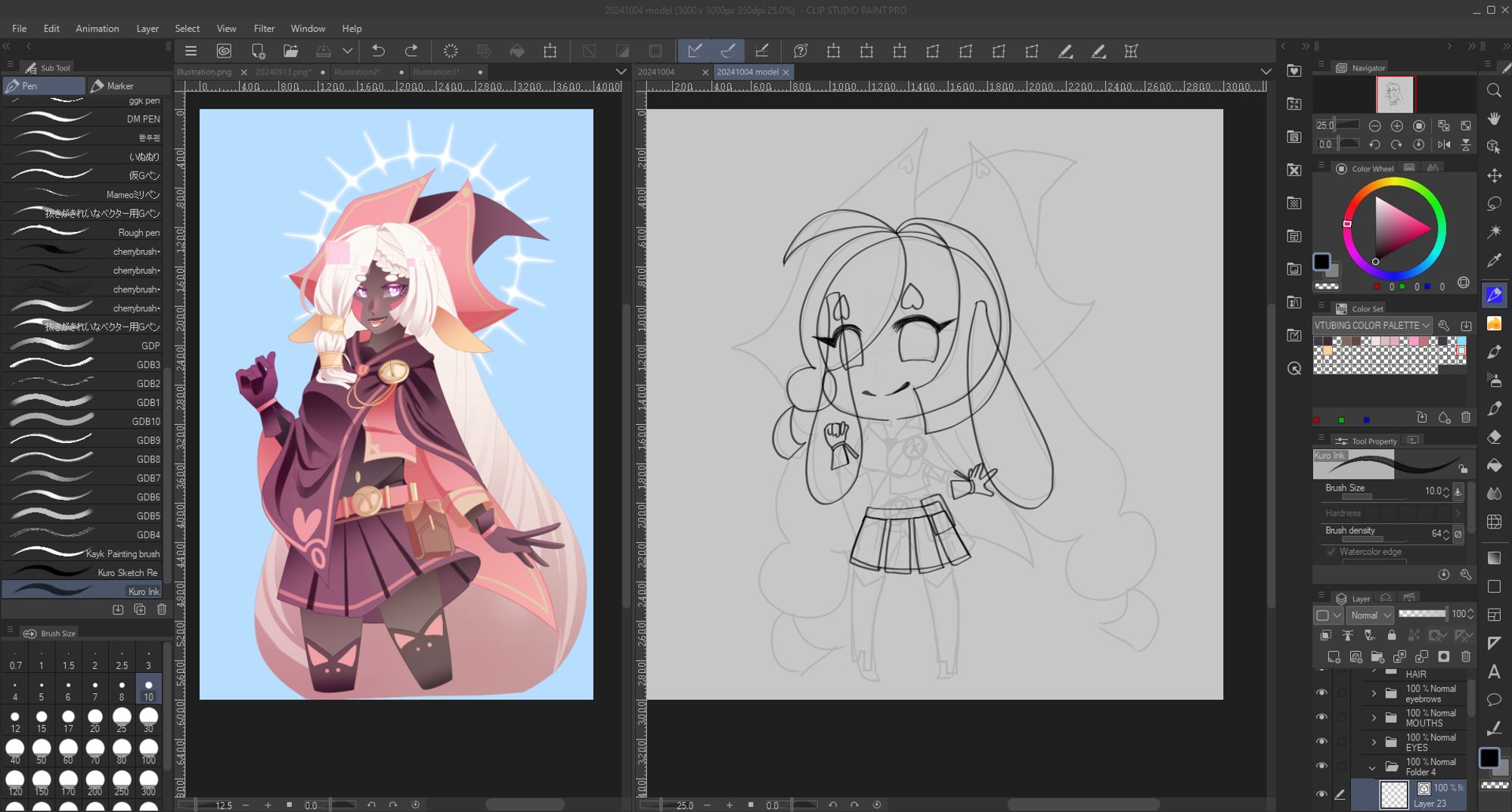 A screenshot of CSP, two canvases open. On the left is an old pngtuber model made for Halloween. It's VTuber AION cosplaying as Pieberry from WitchSpring R. The right canvas is an unfinished chibi form of the other model.