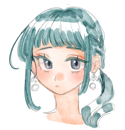 random doodle of an anime girl with greenish hair and grayish eyes