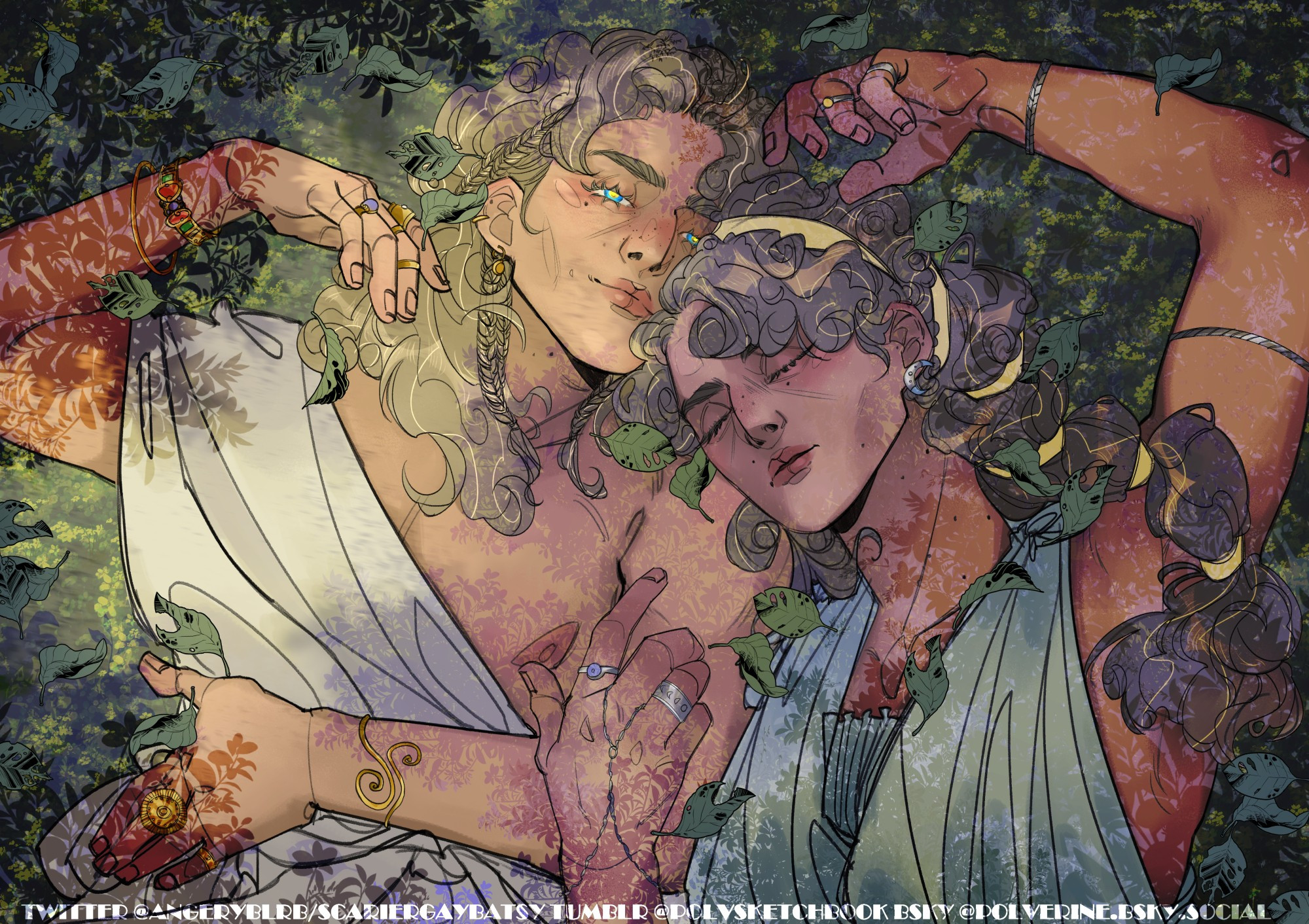 a colorful drawing of apollo and artemis laying under the trees, they're leaning into each other, apollo has his eyes opened and sun catches his skin and hair, artemis is asleep with her eyes closed peacfully under the shadows