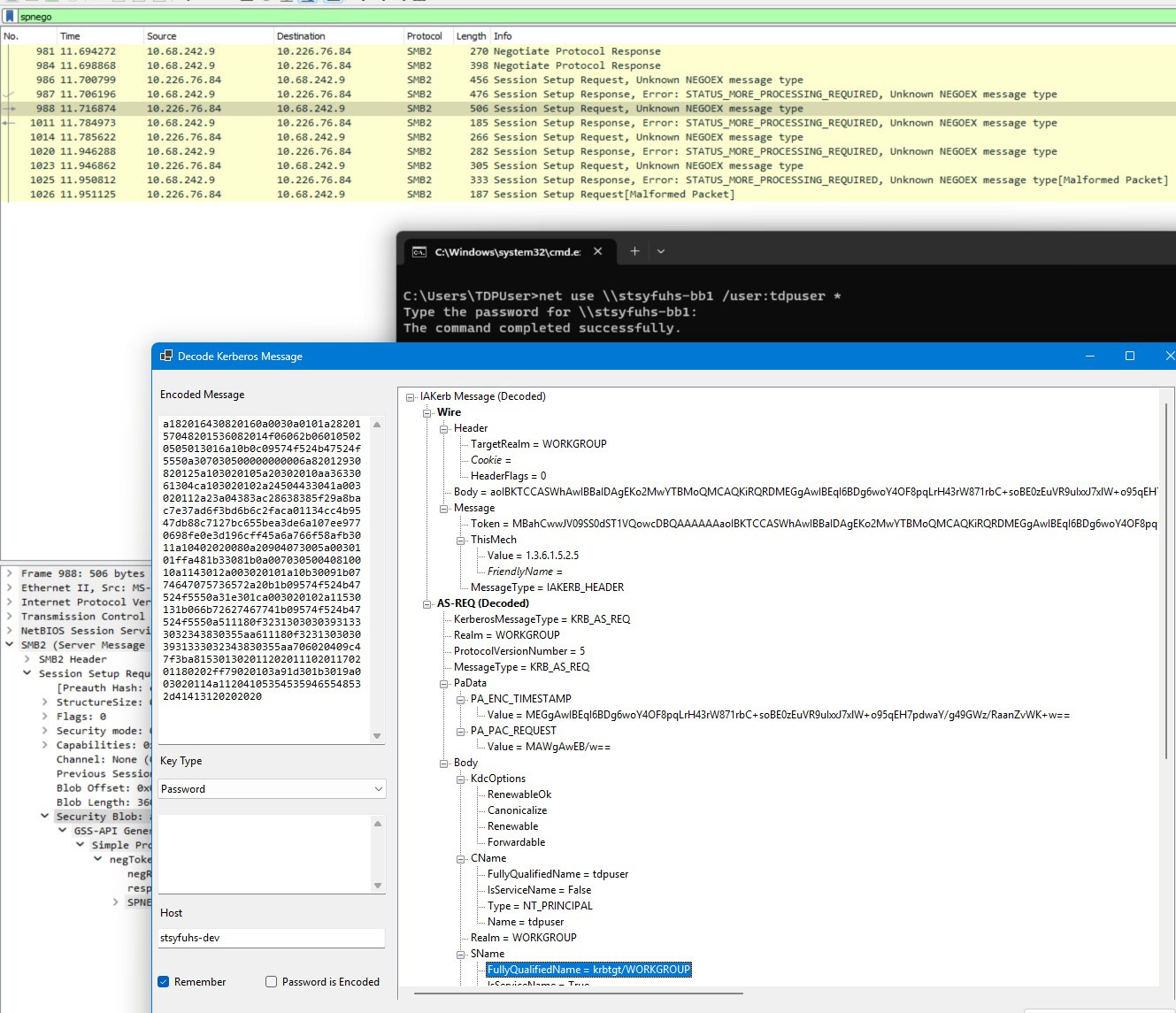 Screenshot of IAKerb to Local KDC via wireshark and a decoding tool.