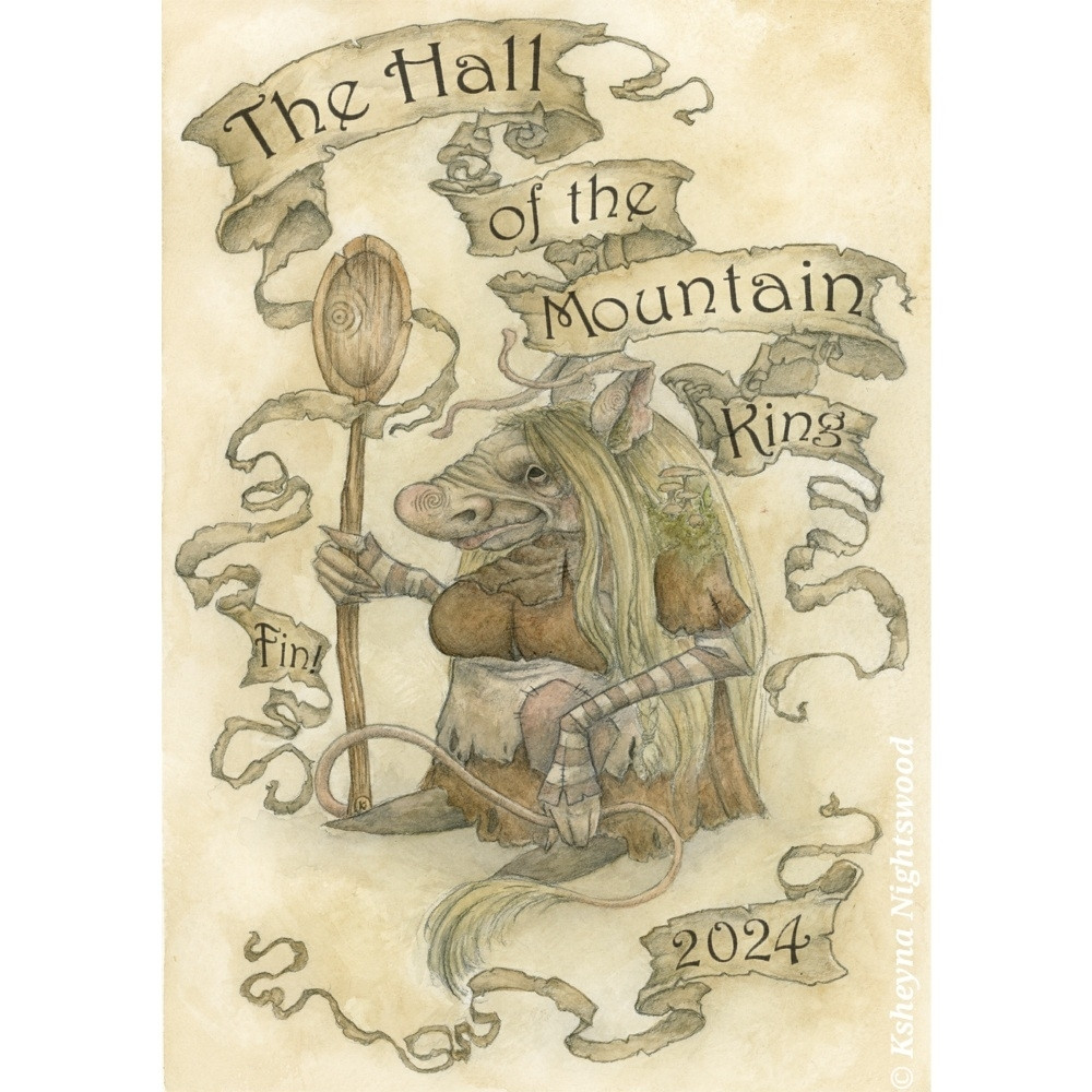 Watercolour of a short (Scandinavian-inspired) troll, in a tattered brown dress with blonde hair and holding a large wooden spoon. Surrounded with scrolls with the words 'The Hall of the Mountain King 2024 Fin!'