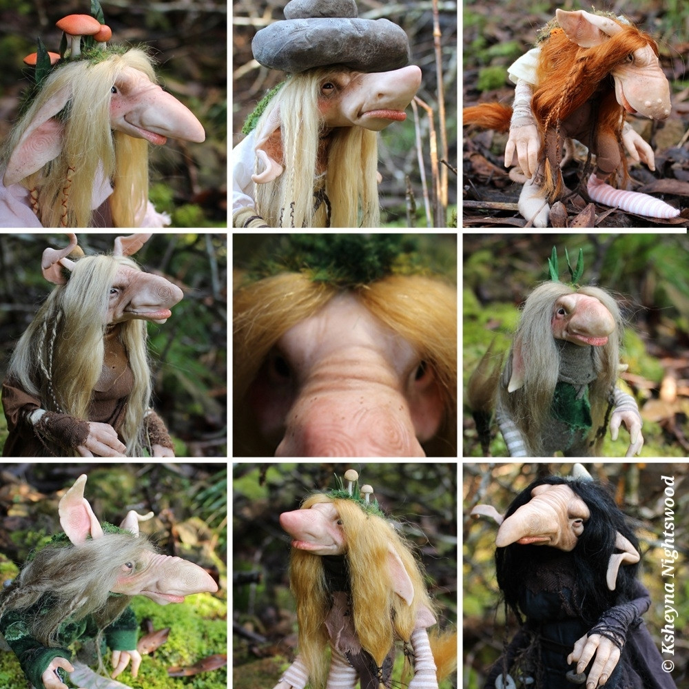 Photos of (Scandinavian-inspired) troll art dolls in nature.