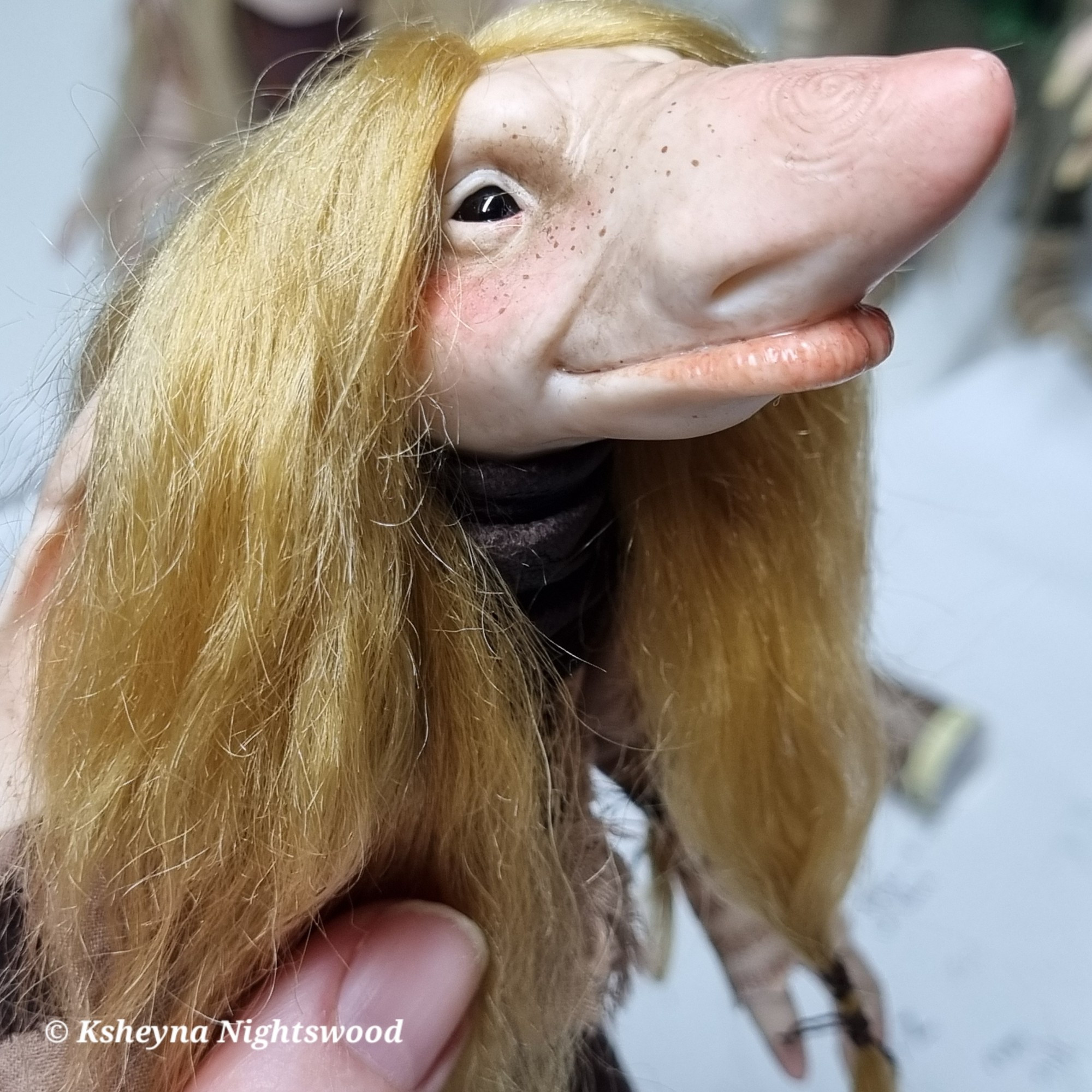 Work in progress- hand- sculpted (Scandinavian-inspired) troll art doll, with golden blonde hair and freckles.