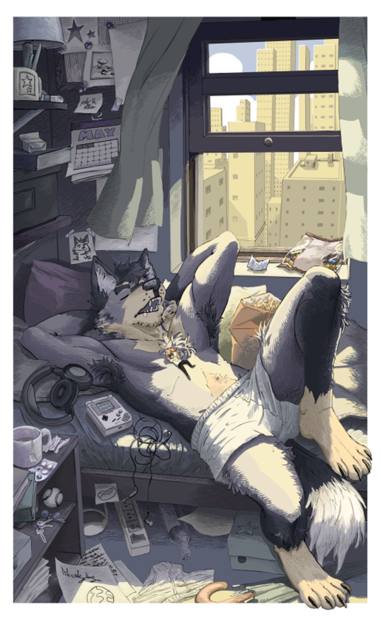 A sleeping wolf rests with their mouth open on their messy bed. On his chest his micro human roommate reads a book. The room they're in is very messy and colored with a blue a shade save for areas illuminated by the sunlight coming through the windows, from which we can see buildings in the distance. #furryart #tuskito_art