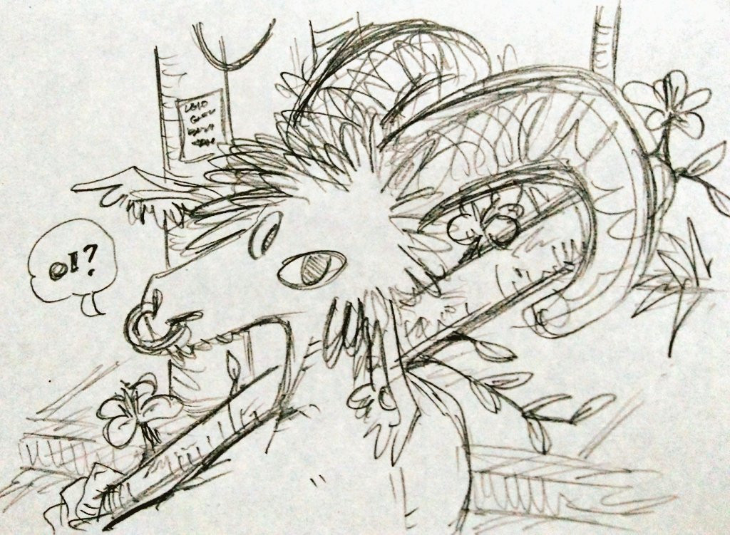 paper sketch of a ram furry holding a flowering bat, looking back over his shoulder and saying "oi?", portuguese for "what?" in this context, the simple background shows a sidewalk