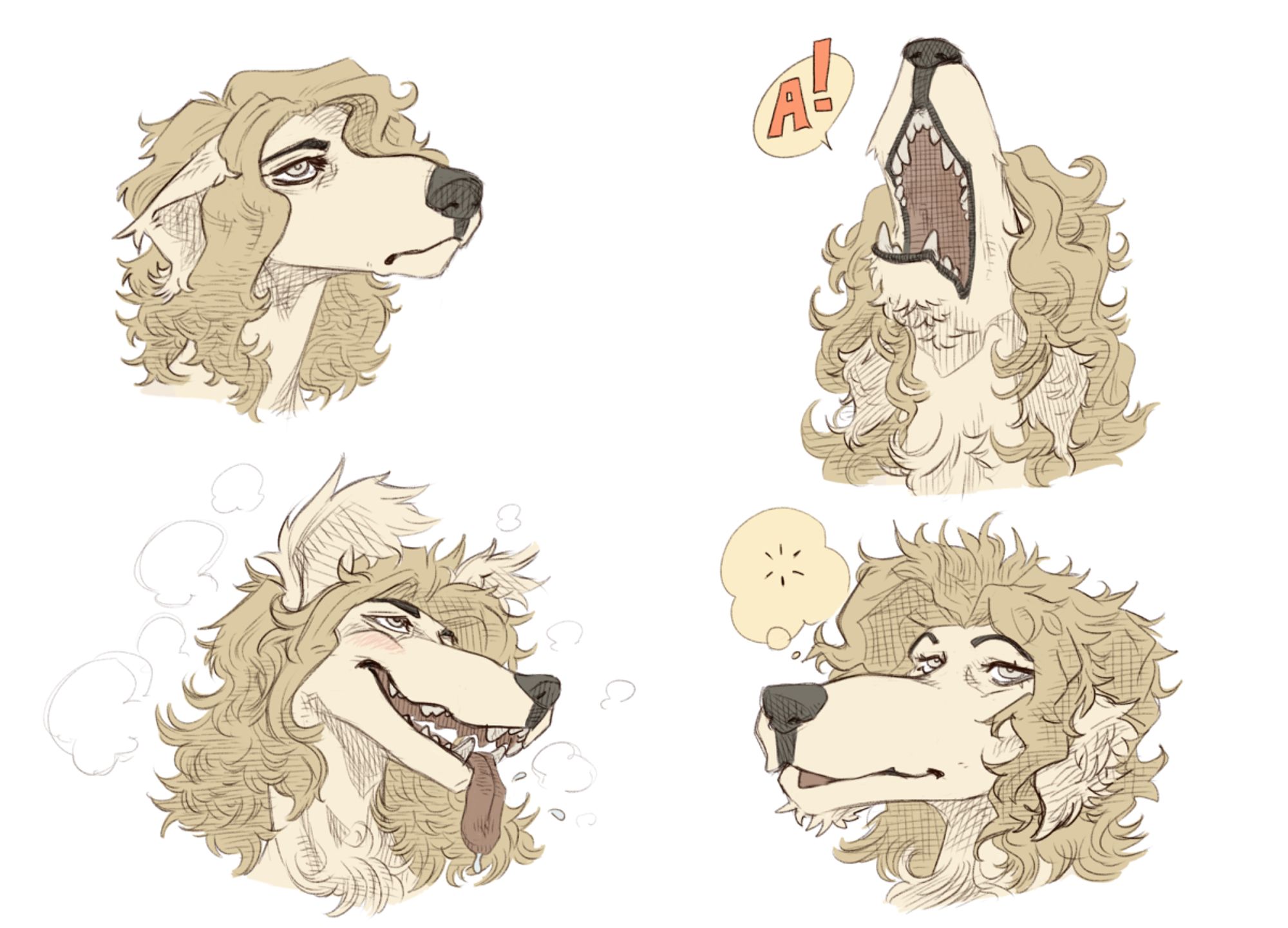 Four expressions of a borzoi furry dog. He's serious, he's in pain, he's flushed, he's empty-minded. #furryart #tuskito_art