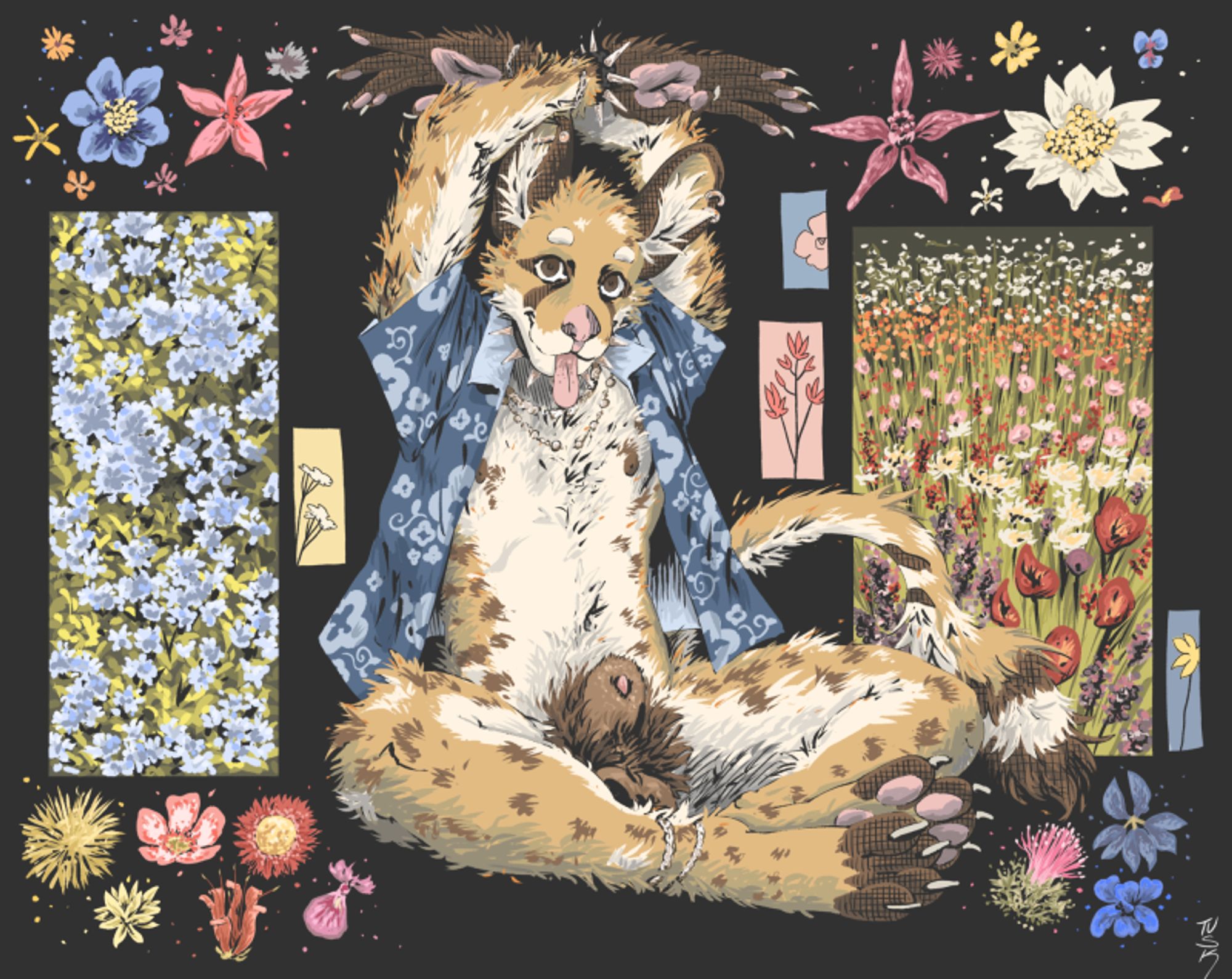 An african wild dog and cheetah hybrid sits in the middle of the composition. He has accessories and piercings and is wearing a blue shirt with floral patterns. Surrounding him there are panels showing flowers and also flowers not in panels.