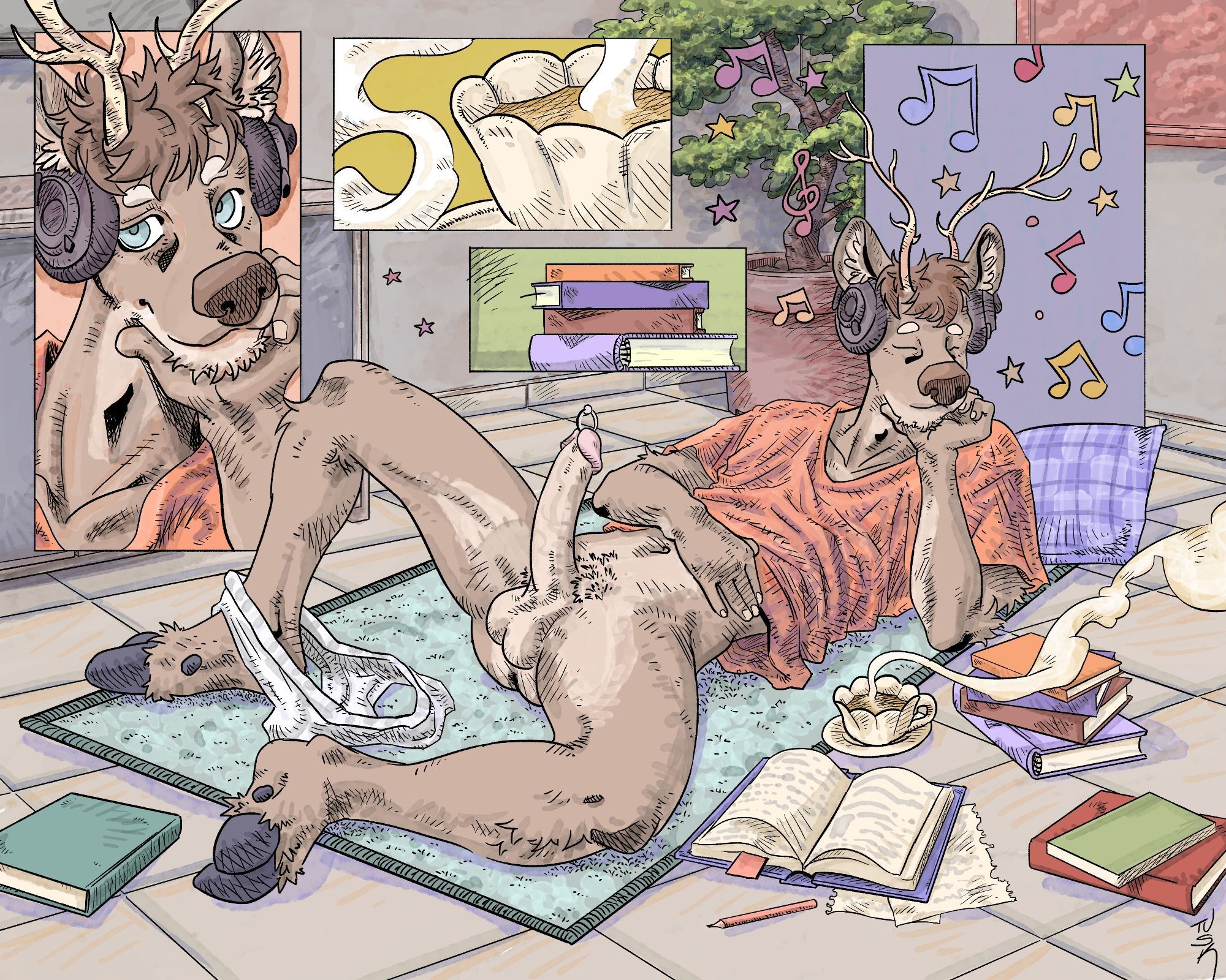 A deer furry lays comfortably on a carpet surrounded by books and a cup of tea. The character is not wearing pants and has an erection and a prince albert piercing.

#furryart #nsfw #tuskitoart #tuskito_art