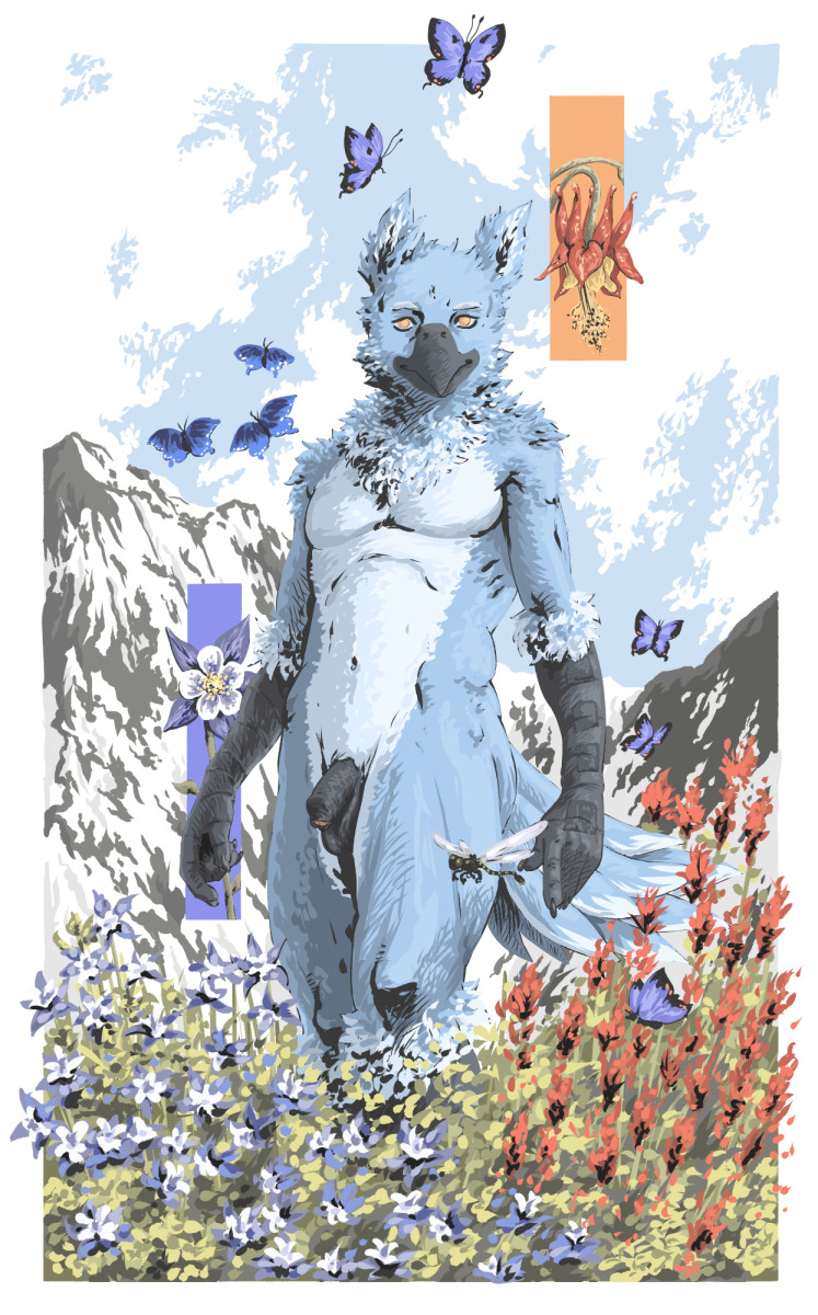 A tall blue bird furry stands naked in a field of blue and red flowers. In the background a snowy mountain range is seen under a blue sky with white clouds. To the sides of the chracter we see two panels focusing on the flowers. Buterflies and a dragonfly complement the piece.