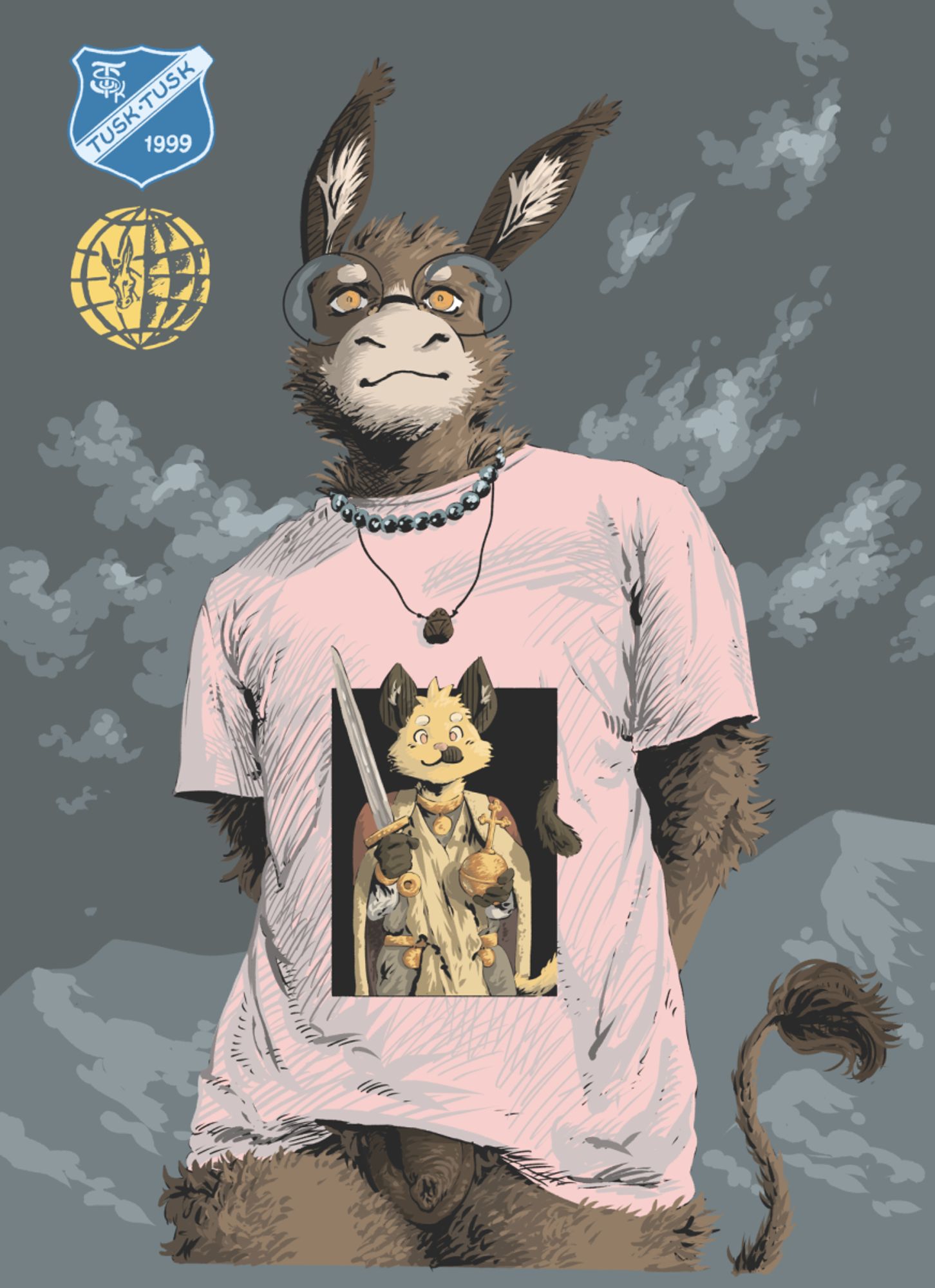 A donkey in a pink shirt has his arms behind his back. He's wearing nothing else so his stuff is peeking from under the shirt. He has glasses, a bead necklace and a muiraquitã. Behind him a gray background depicts mountains and clouds. To the top left we see a shield saying "tusk tusk 1999" and a globe-like sphere with a donkey's head, taken from an iconic Sagarana cover. In the middle of the image we see a cat dressed as charlemagne holding a globus cruciger.