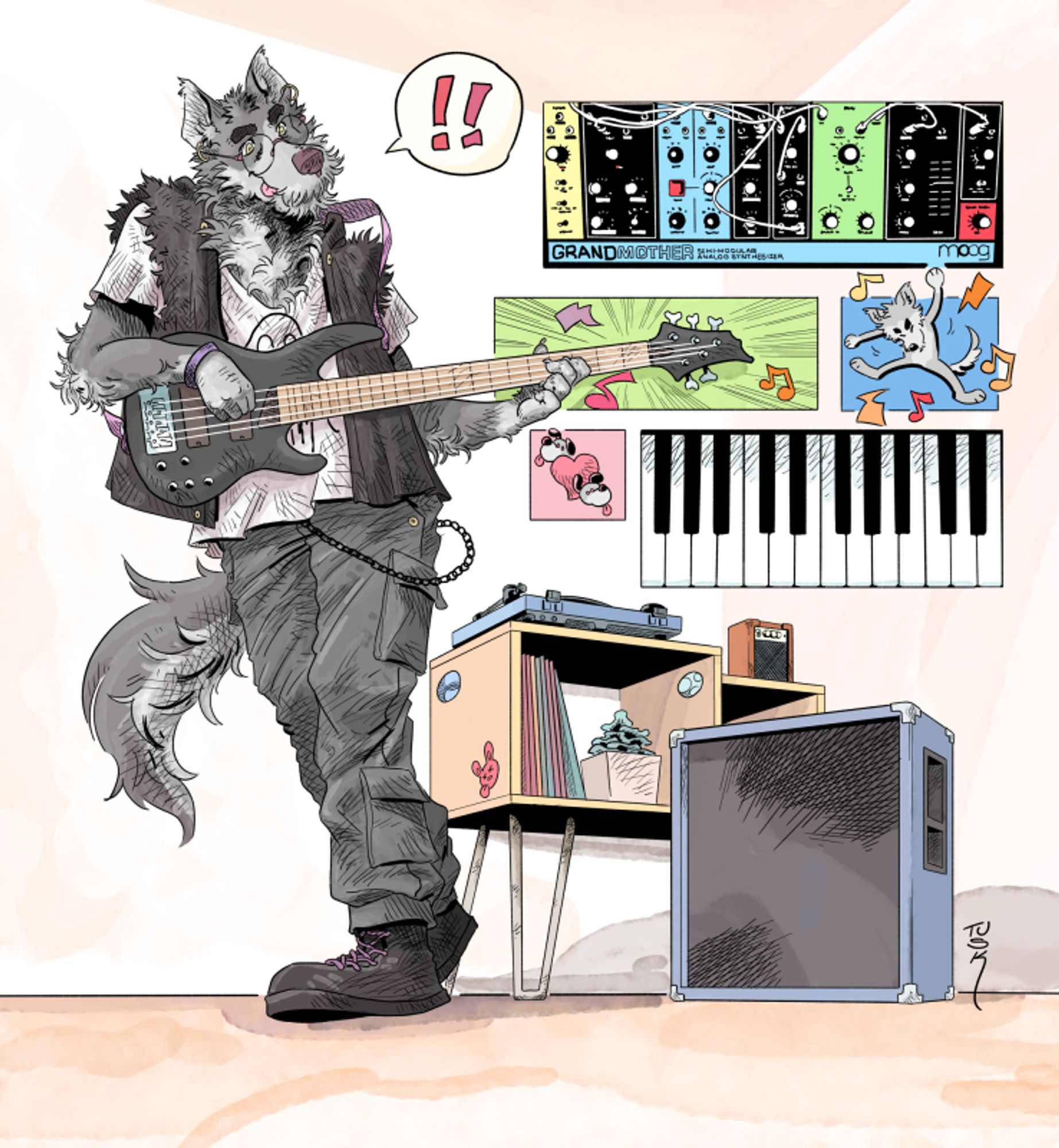 A furry dog with black and gray fur happily plays the bass. And amp is seen at the character's side. Panels show a moog synthesizer. #furryart #tuskito_art